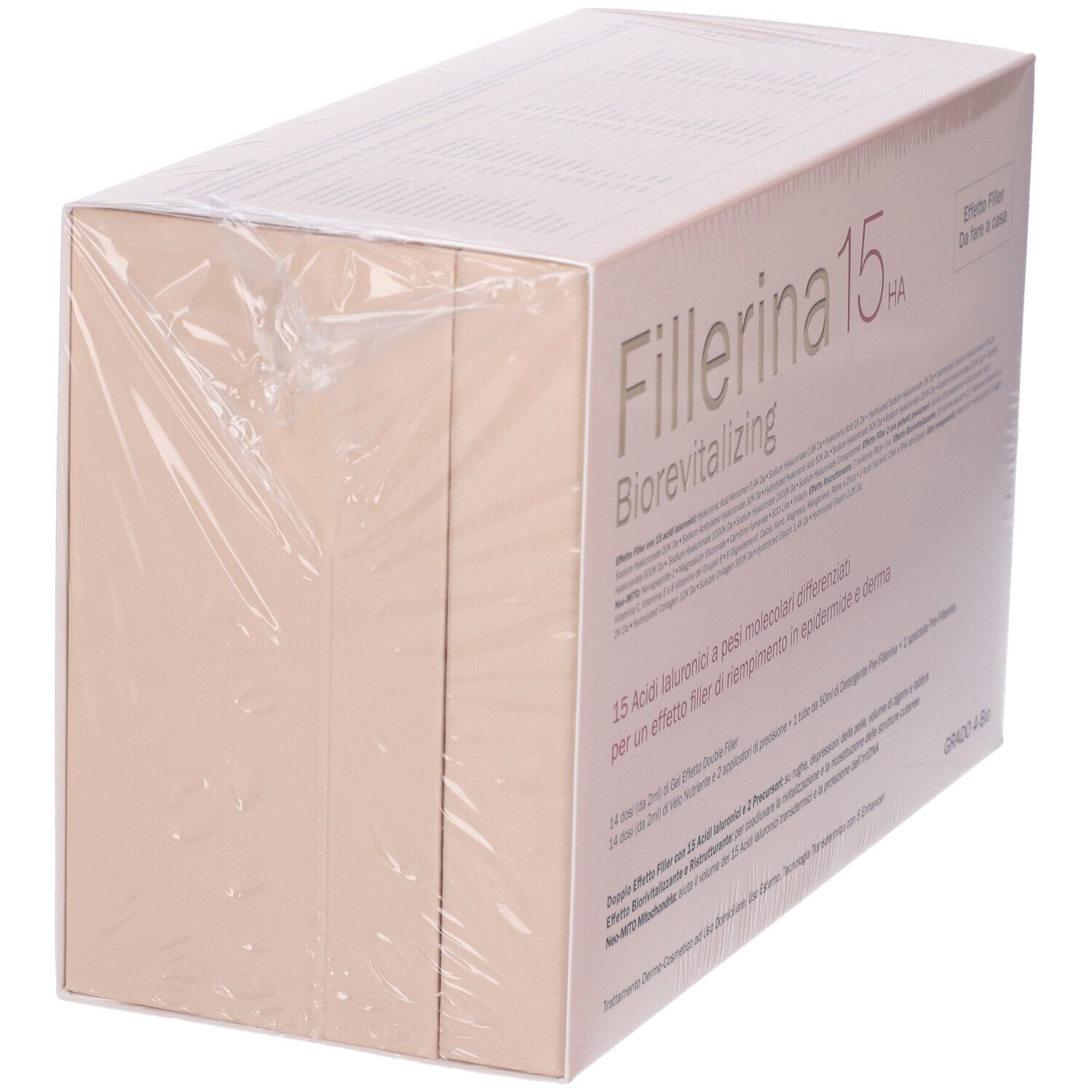 Confezione Fillerina 15 HA Biorevitalizing, confezionata. Scatola rosa con testo. Grado 4-Bio. Effetto Filler.