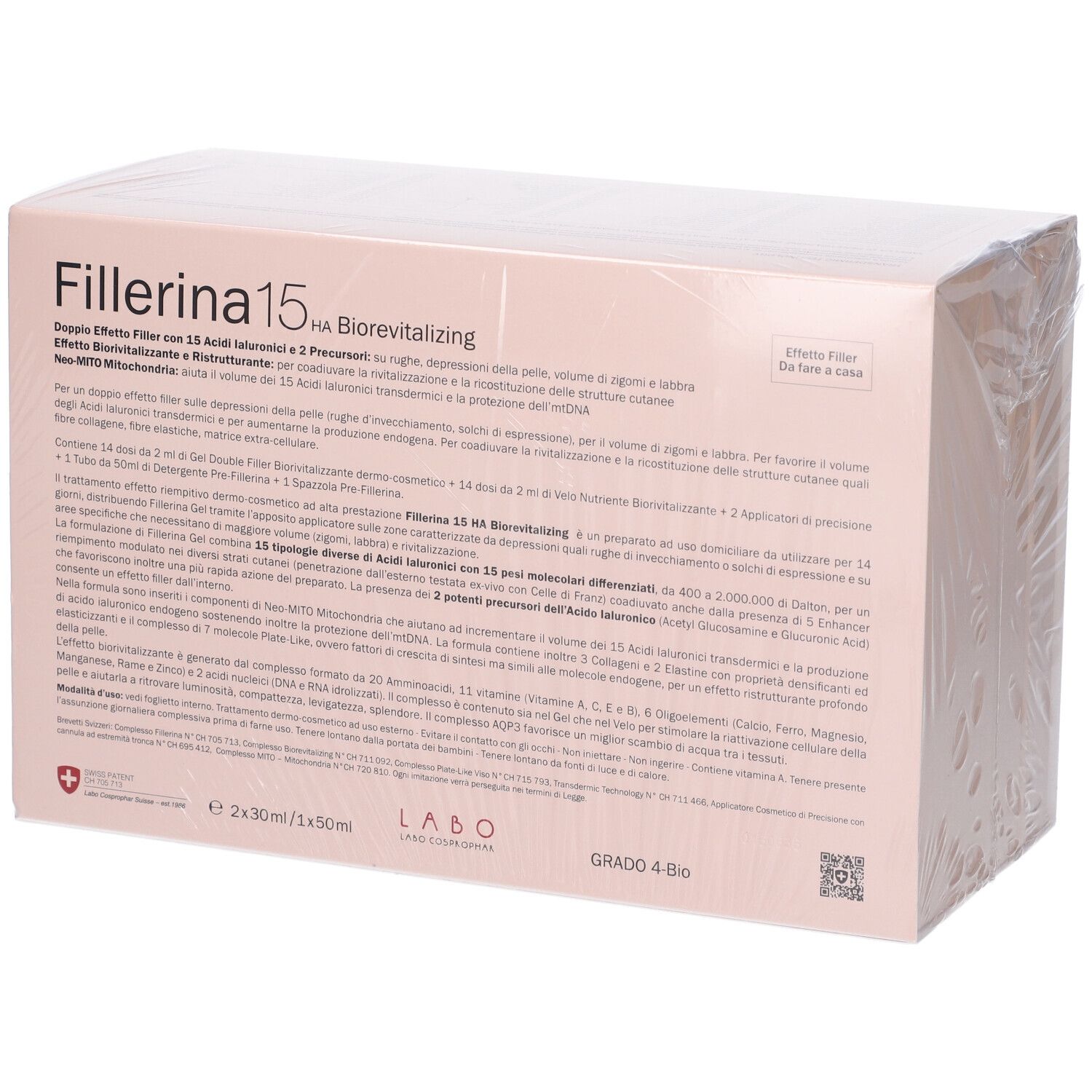 Confezione Fillerina 15 HA Biorevitalizing. Scatola rosa con testo e logo. Grado 4-Bio. Confezionata.