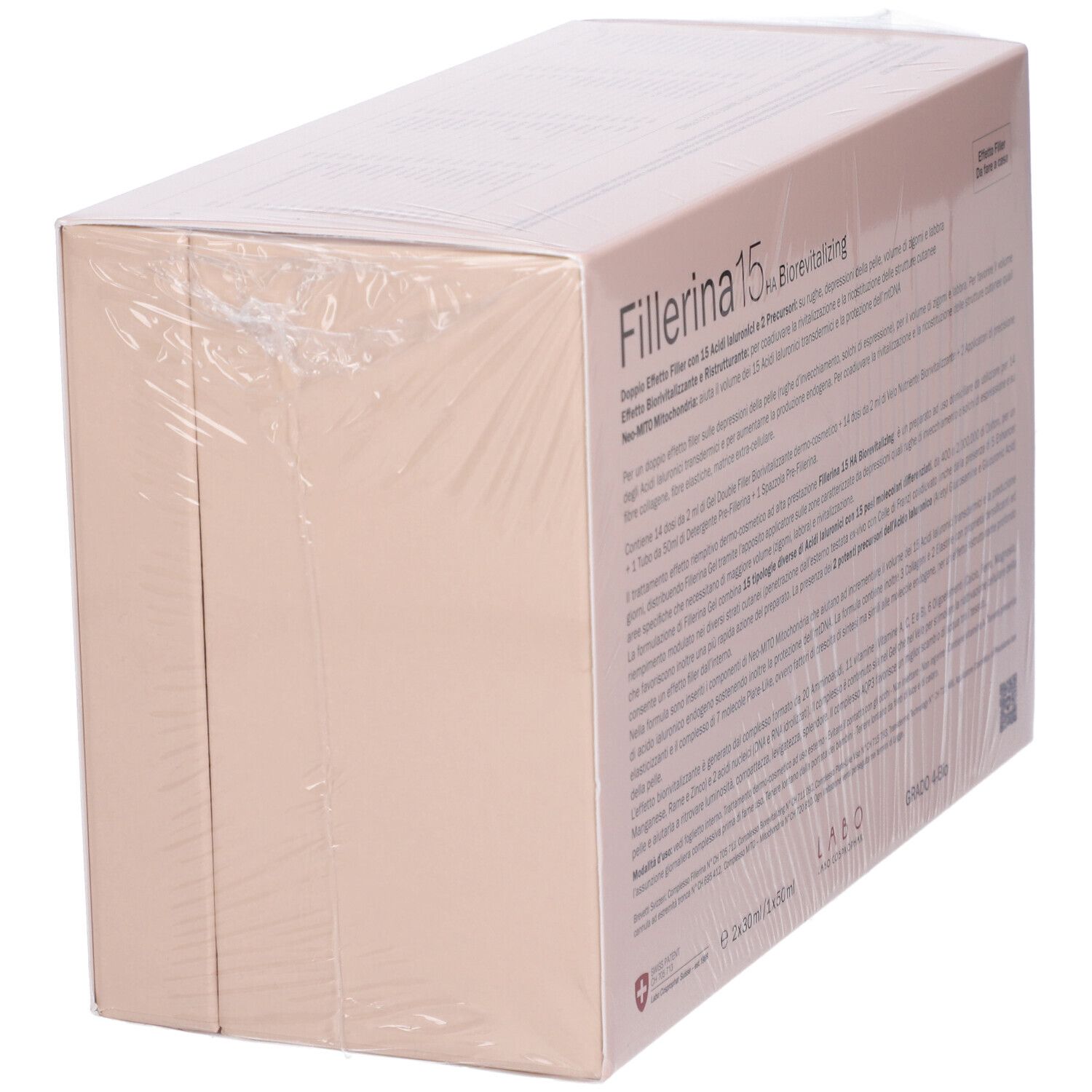 Confezione Fillerina 15 HA Biorevitalizing, confezionata. Scatola rosa con testo. Grado 4-Bio. Effetto Filler.