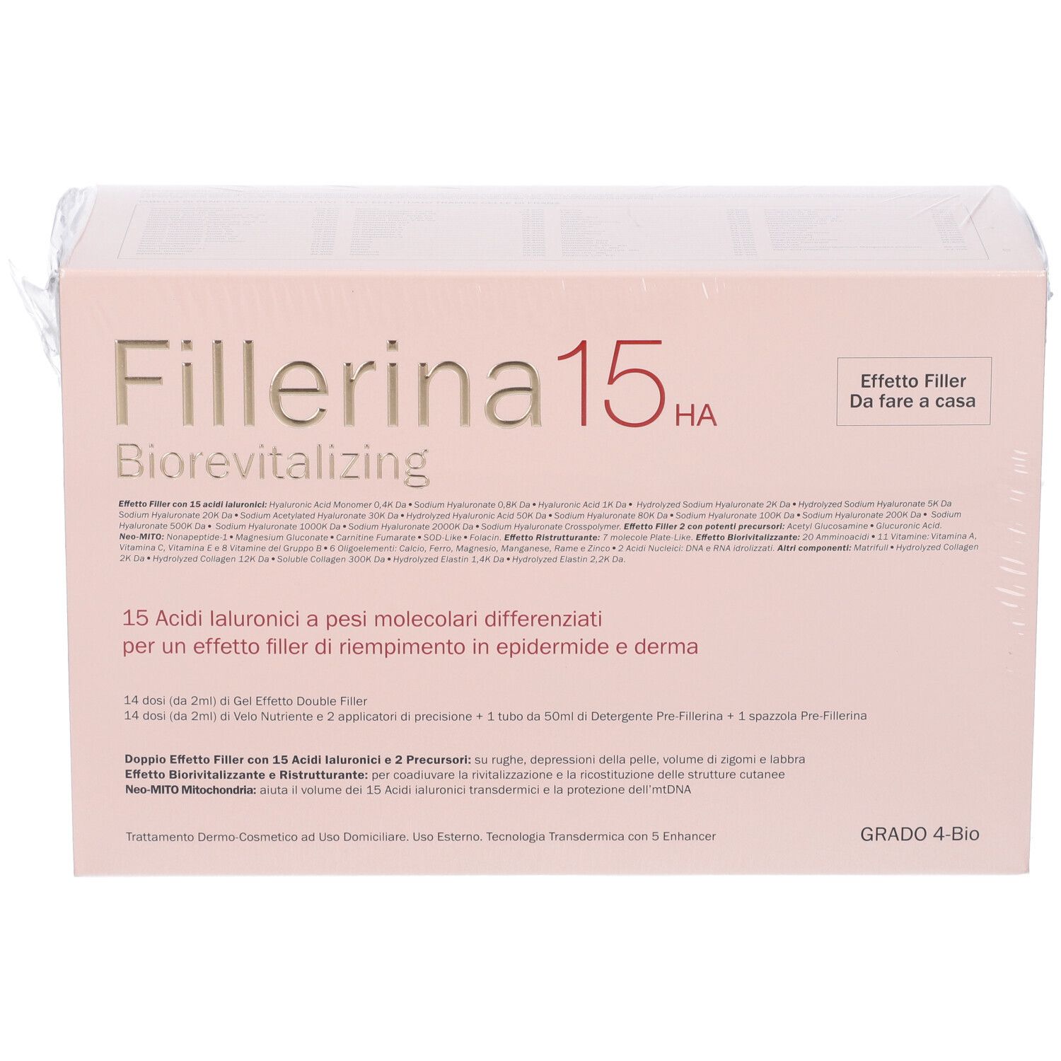 Confezione Fillerina 15 HA Biorevitalizing. Scatola rosa con testo e logo. Grado 4-Bio. Effetto Filler.