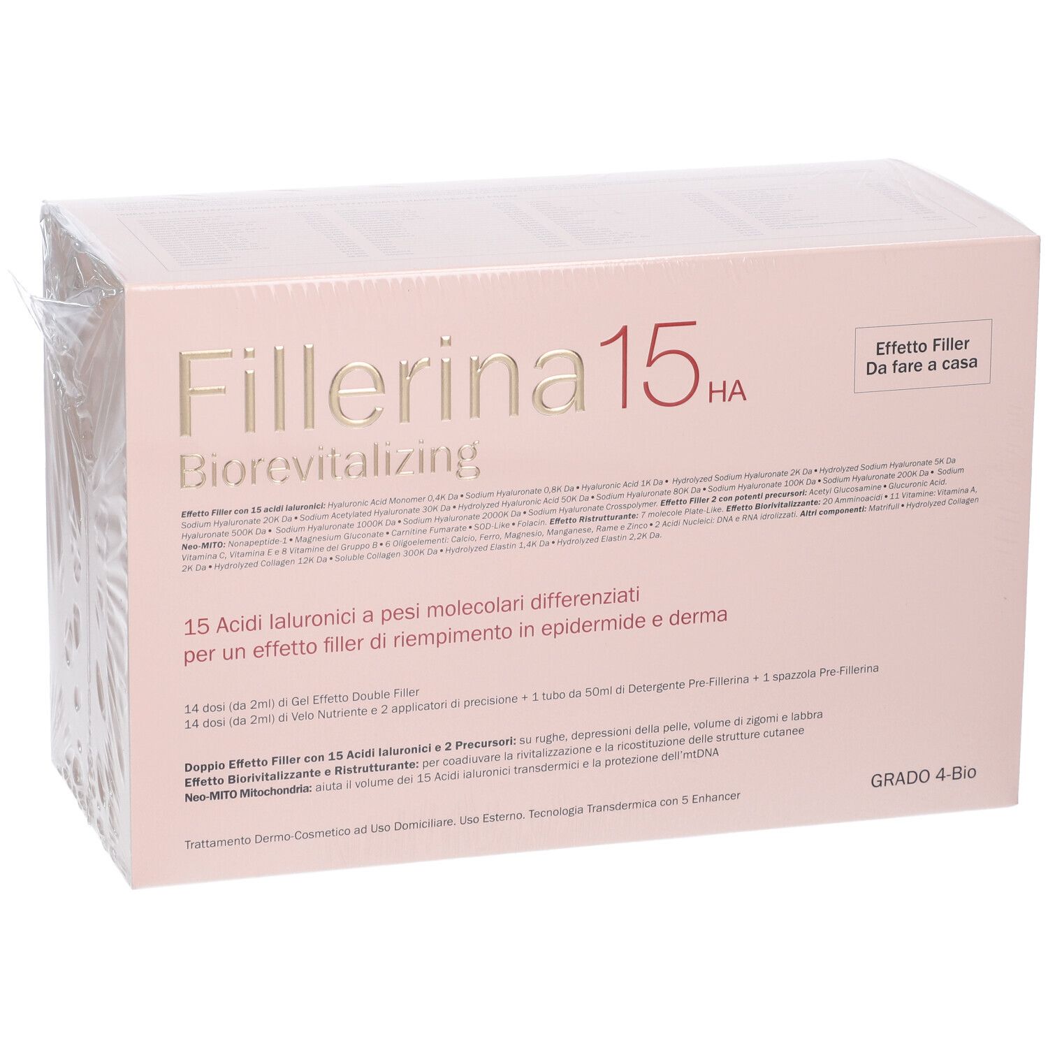 Confezione Fillerina 15 HA Biorevitalizing. Scatola rosa con testo e logo. Grado 4-Bio. Effetto Filler.