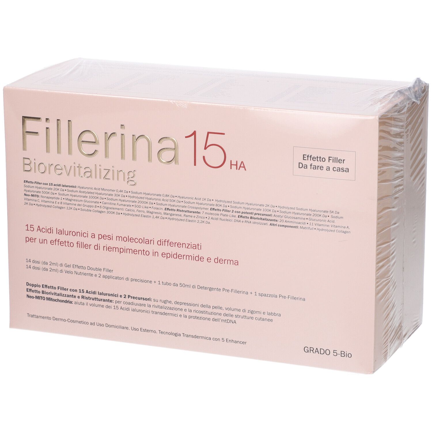 Confezione Fillerina 15 HA Biorevitalizing. Scatola rosa, confezionata.