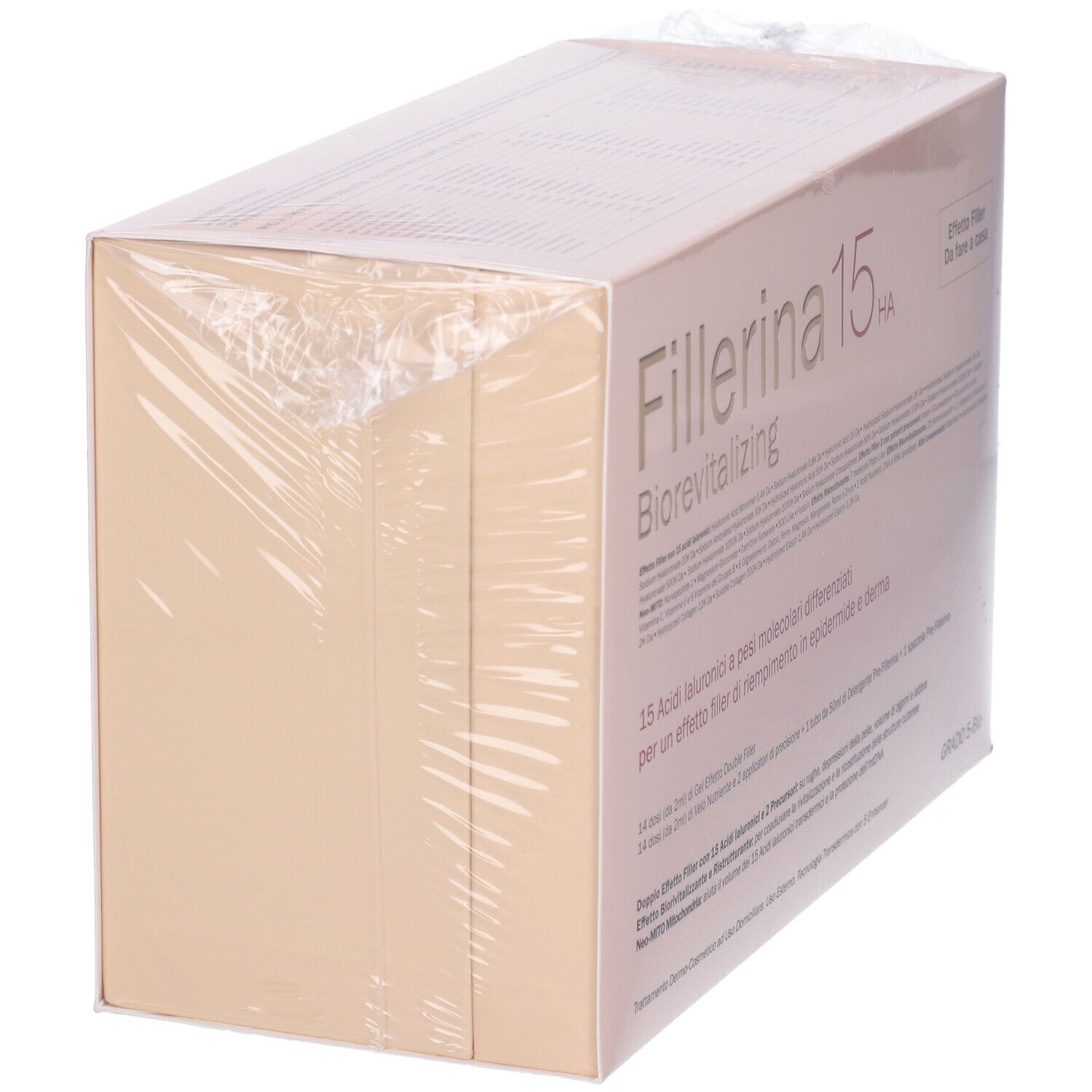 Vista obliqua della confezione sigillata. Scritta Fillerina 15 HA Biorevitalizing.