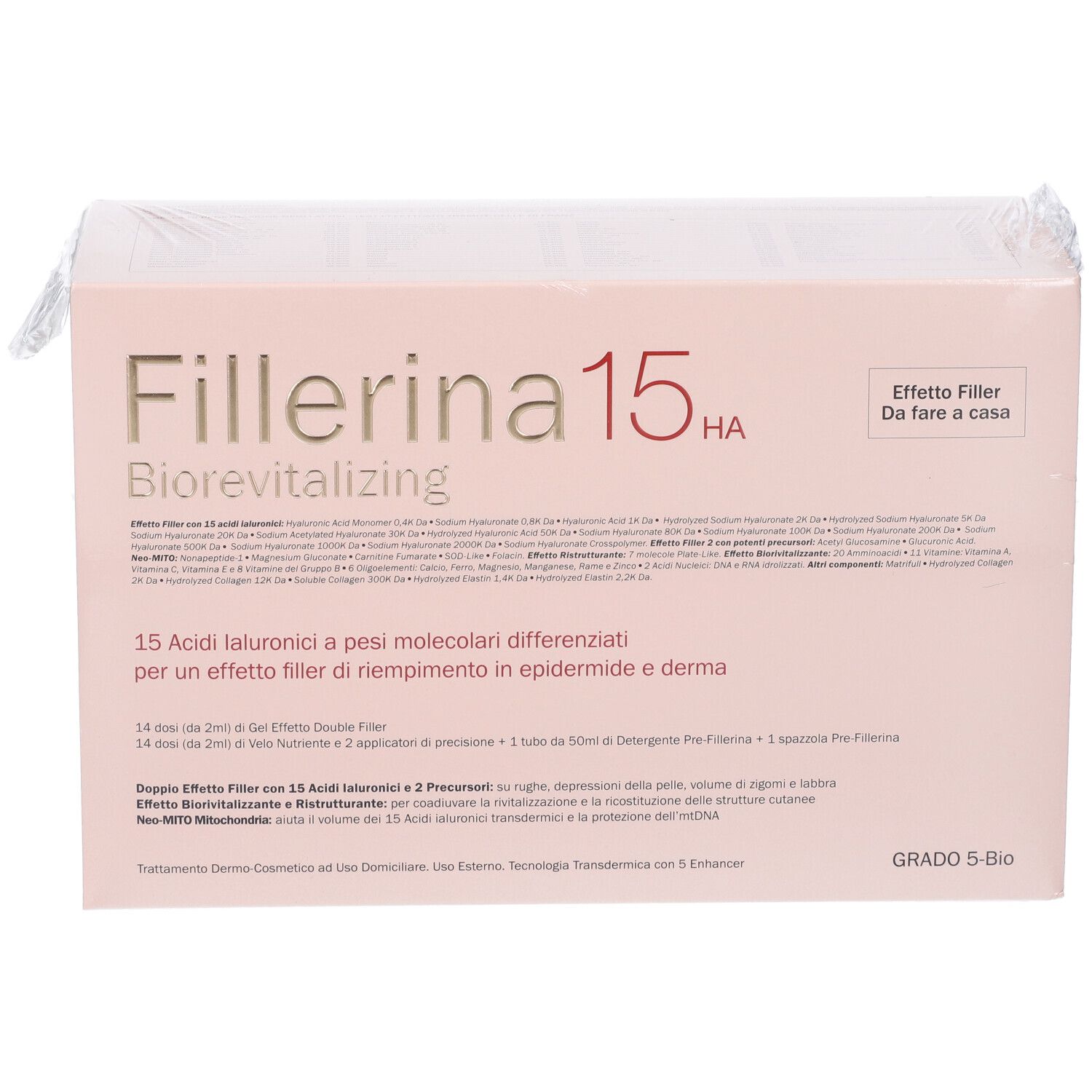 Confezione Fillerina 15 HA Biorevitalizing. Scatola rosa, confezionata.