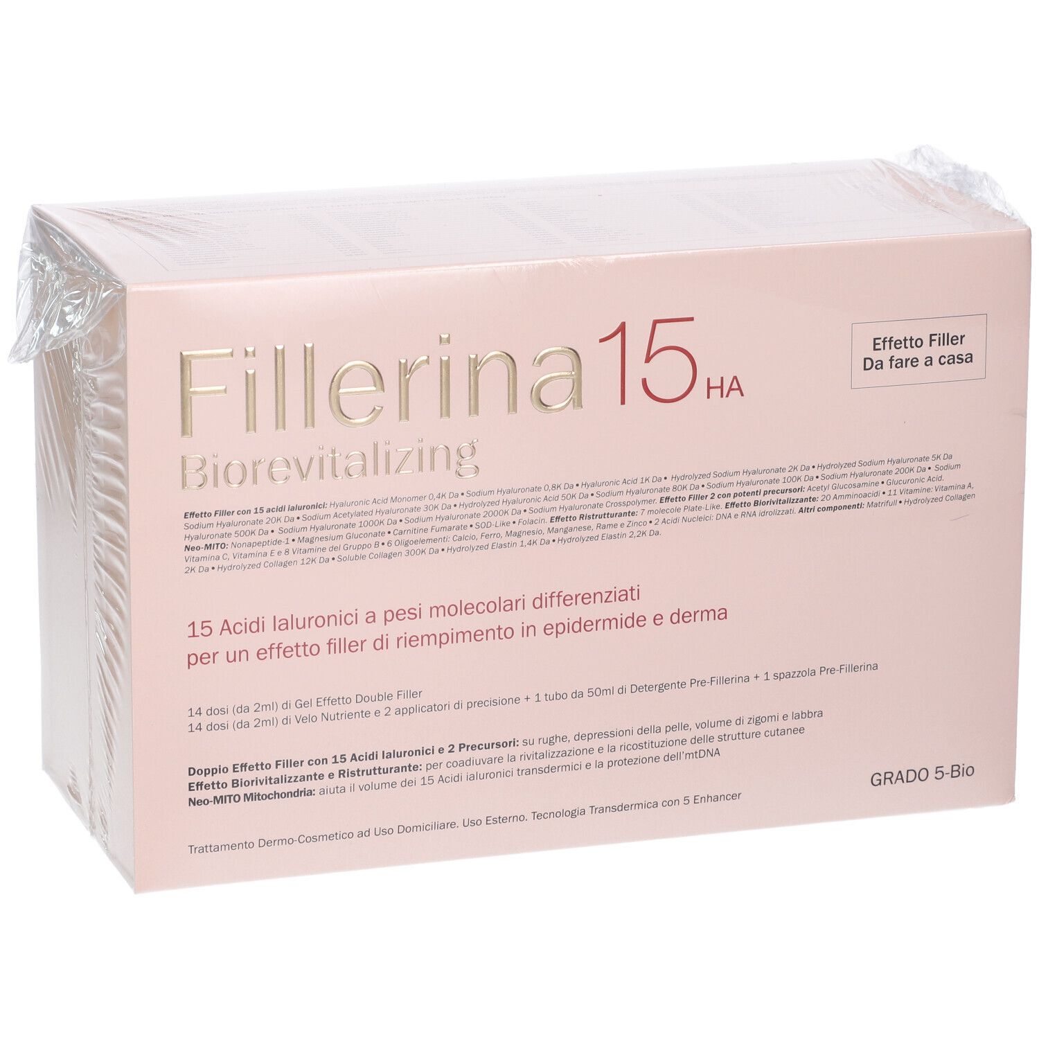 Confezione Fillerina 15 HA Biorevitalizing. Scatola rosa, confezionata.
