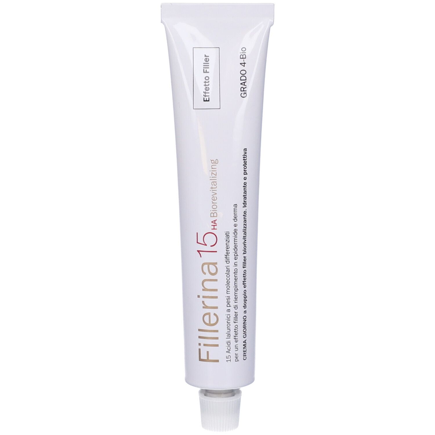 Tubo bianco con scritta Fillerina 15 HA Biorevitalizing. Tappo in basso.