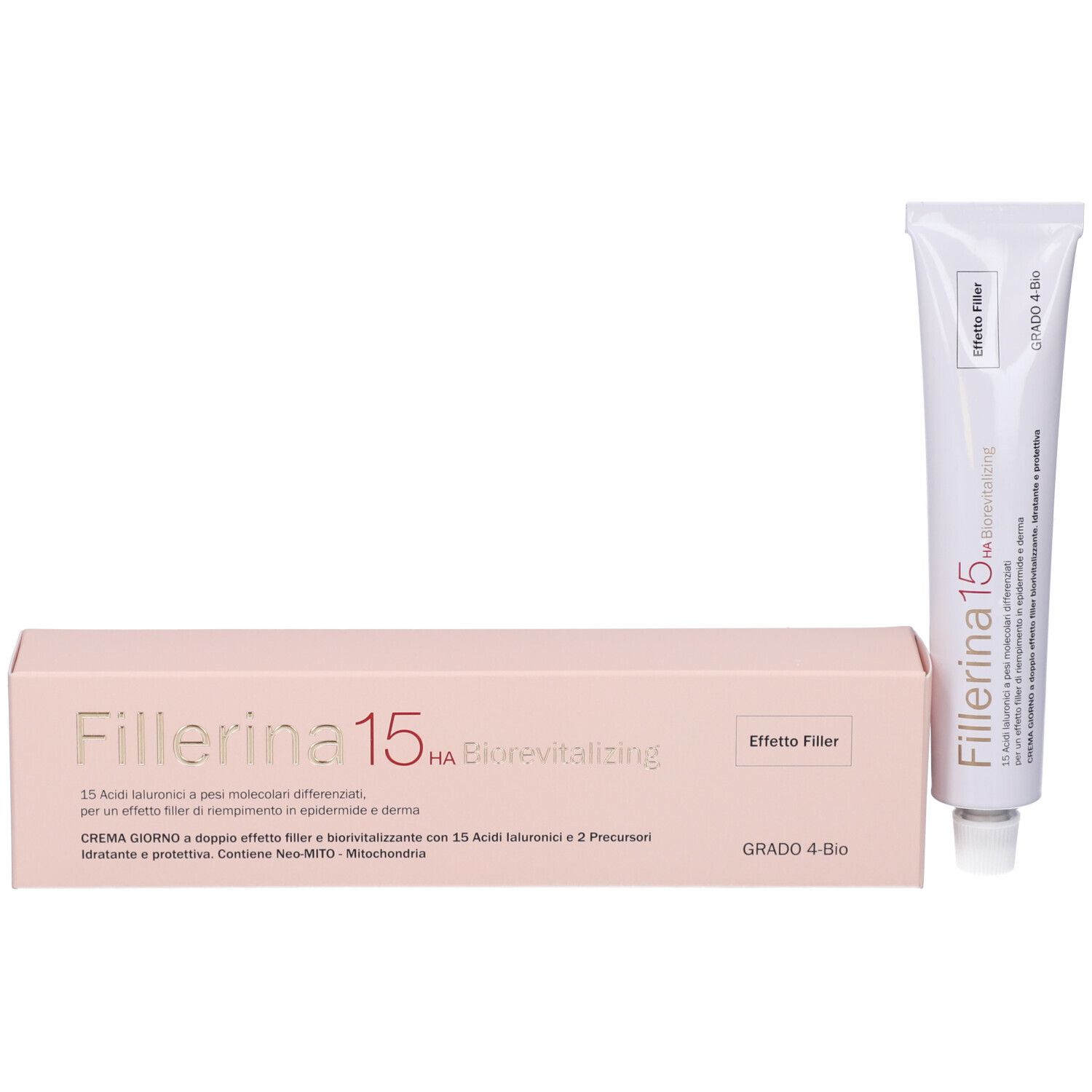 Scatola rosa e tubo bianco. Scritta Fillerina 15 HA Biorevitalizing. Tappo in basso.