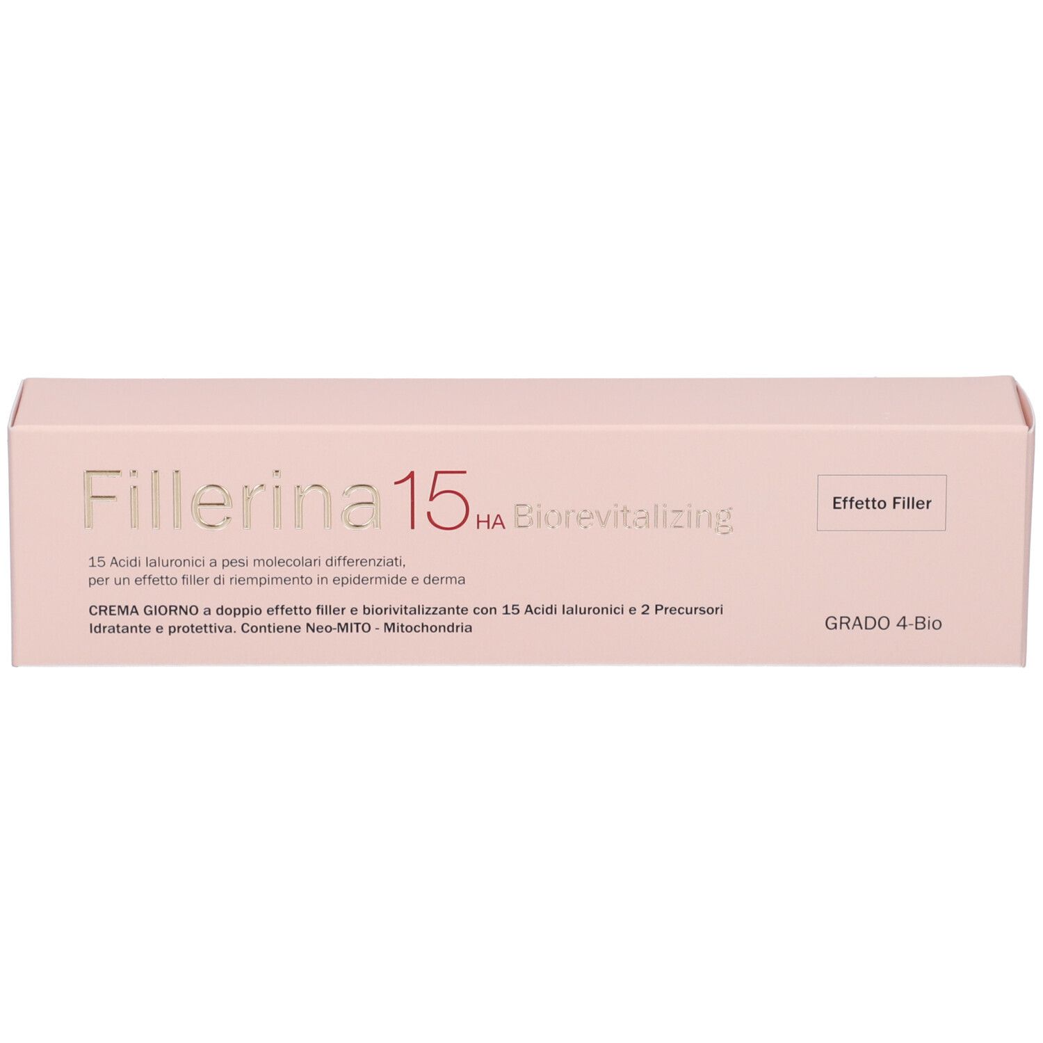 Scatola rosa con scritta Fillerina 15 HA Biorevitalizing. Testo e logo.
