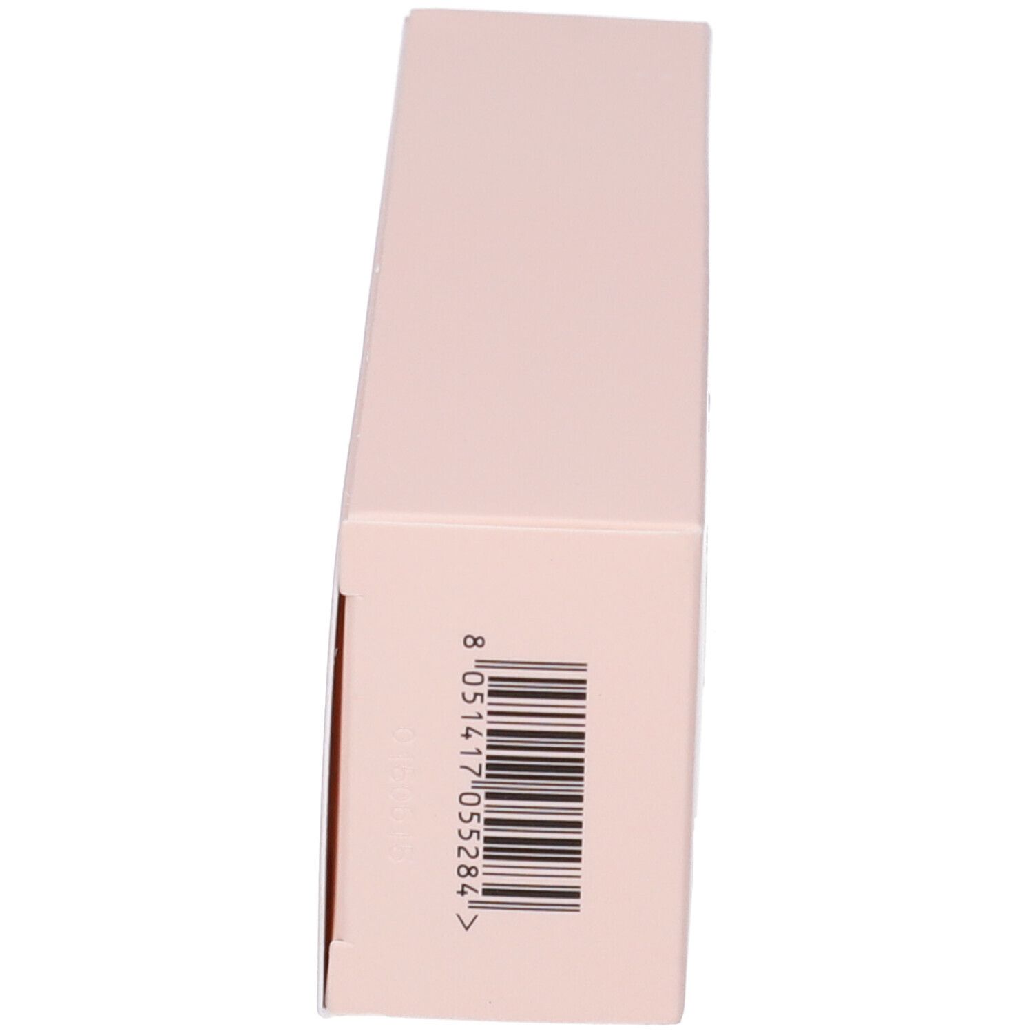 Scatola rosa, vista laterale. Codice a barre e testo.