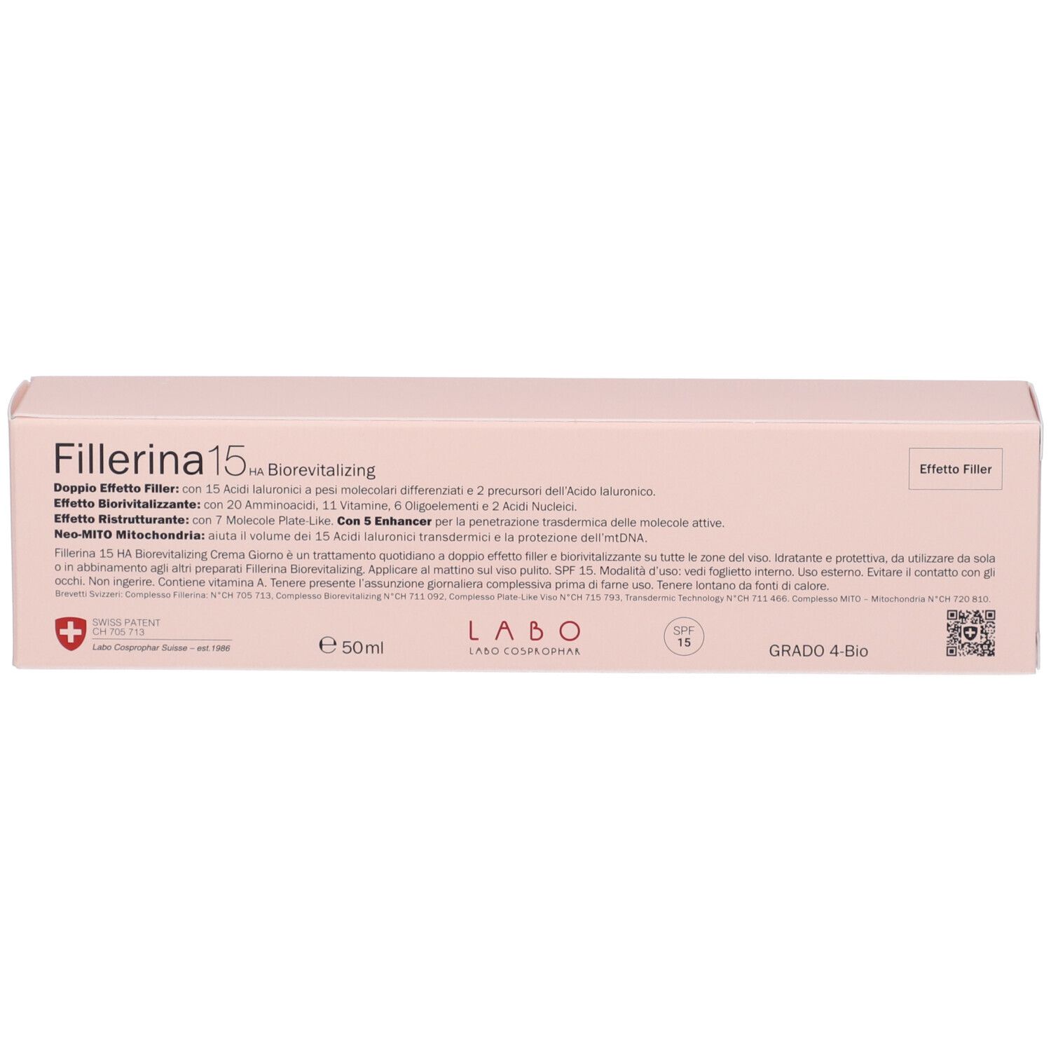 Scatola rosa con testo e logo. Contiene informazioni sul prodotto.