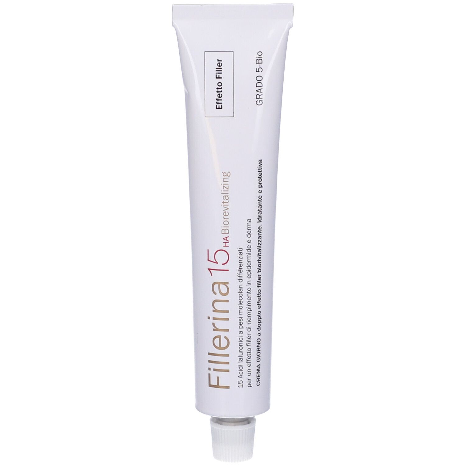 Tubo bianco con scritta Fillerina 15 HA Biorevitalizing. Tappo in basso.