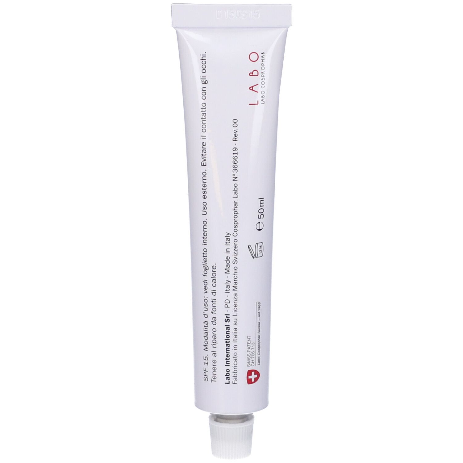Tubo bianco con testo. Labo Cosprophar, 50ml, SPF 15, prodotto in Italia.