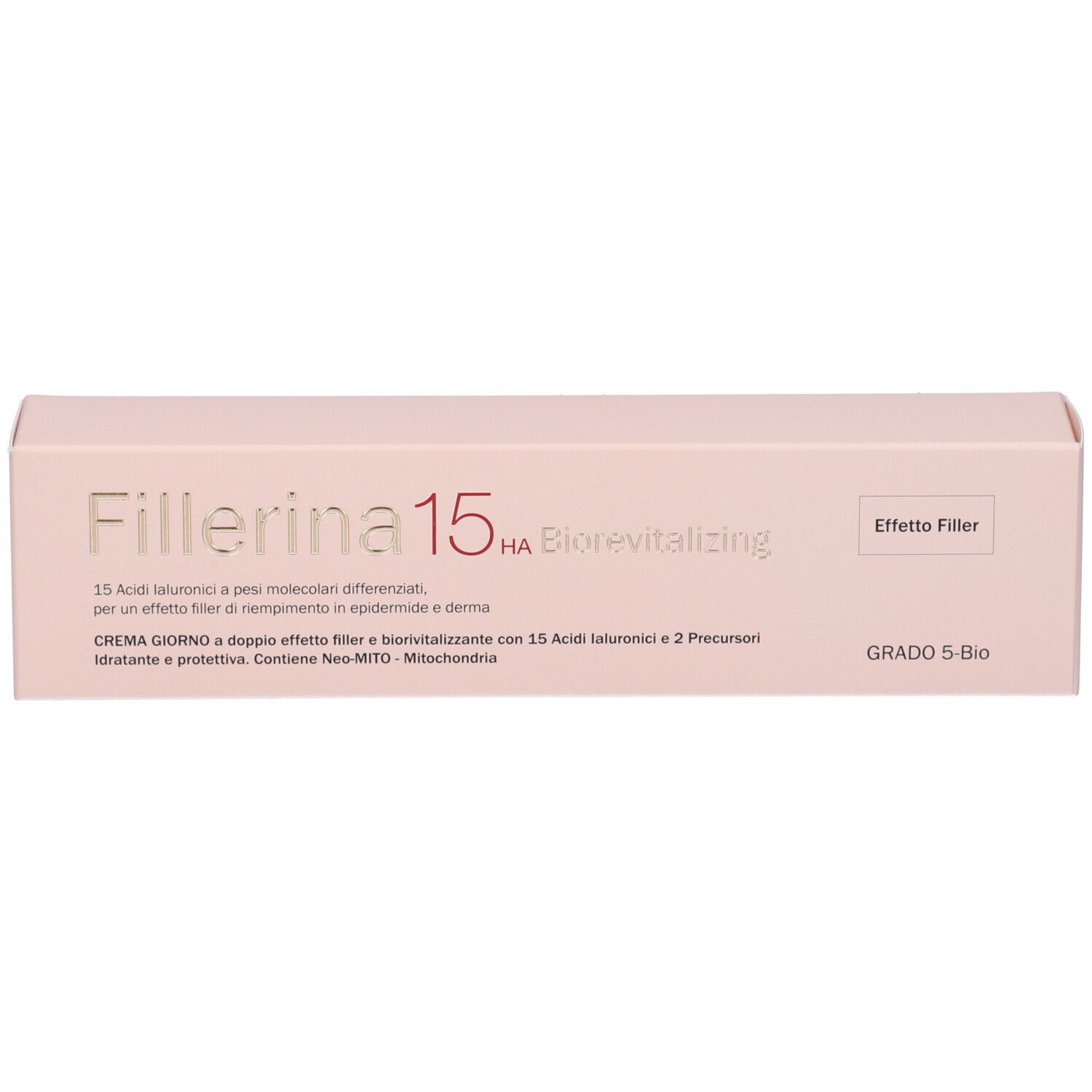 Scatola rosa con scritta Fillerina 15 HA Biorevitalizing. Testo e logo.