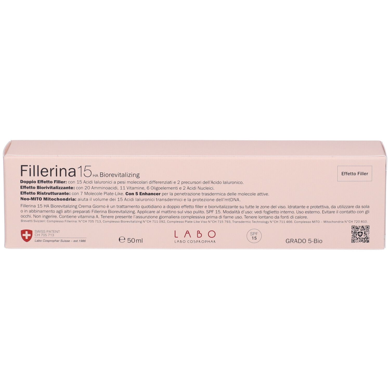 Scatola rosa con testo. Labo Cosprophar, 50ml, SPF 15, logo e certificazioni.