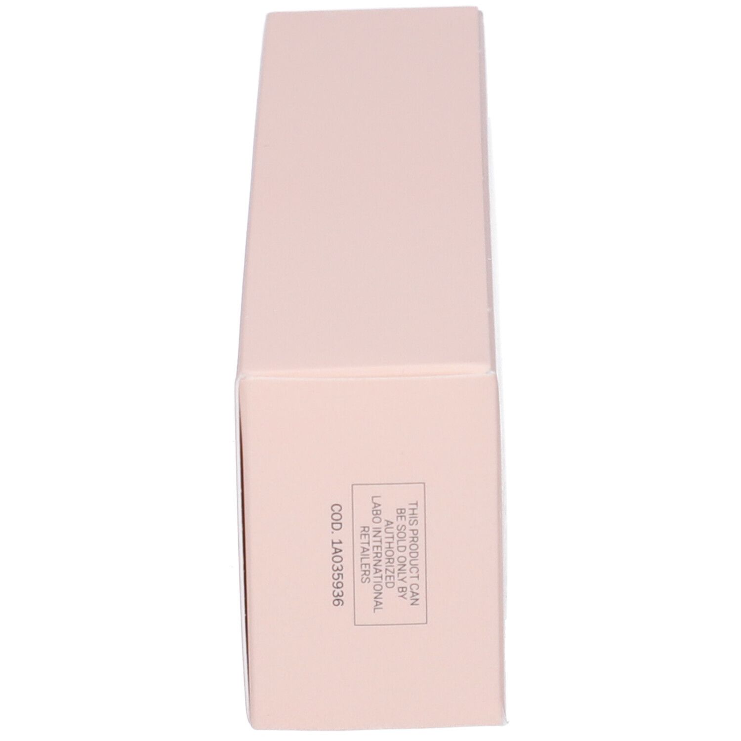 Scatola rosa, testo sul lato. Labo International, codice e logo.