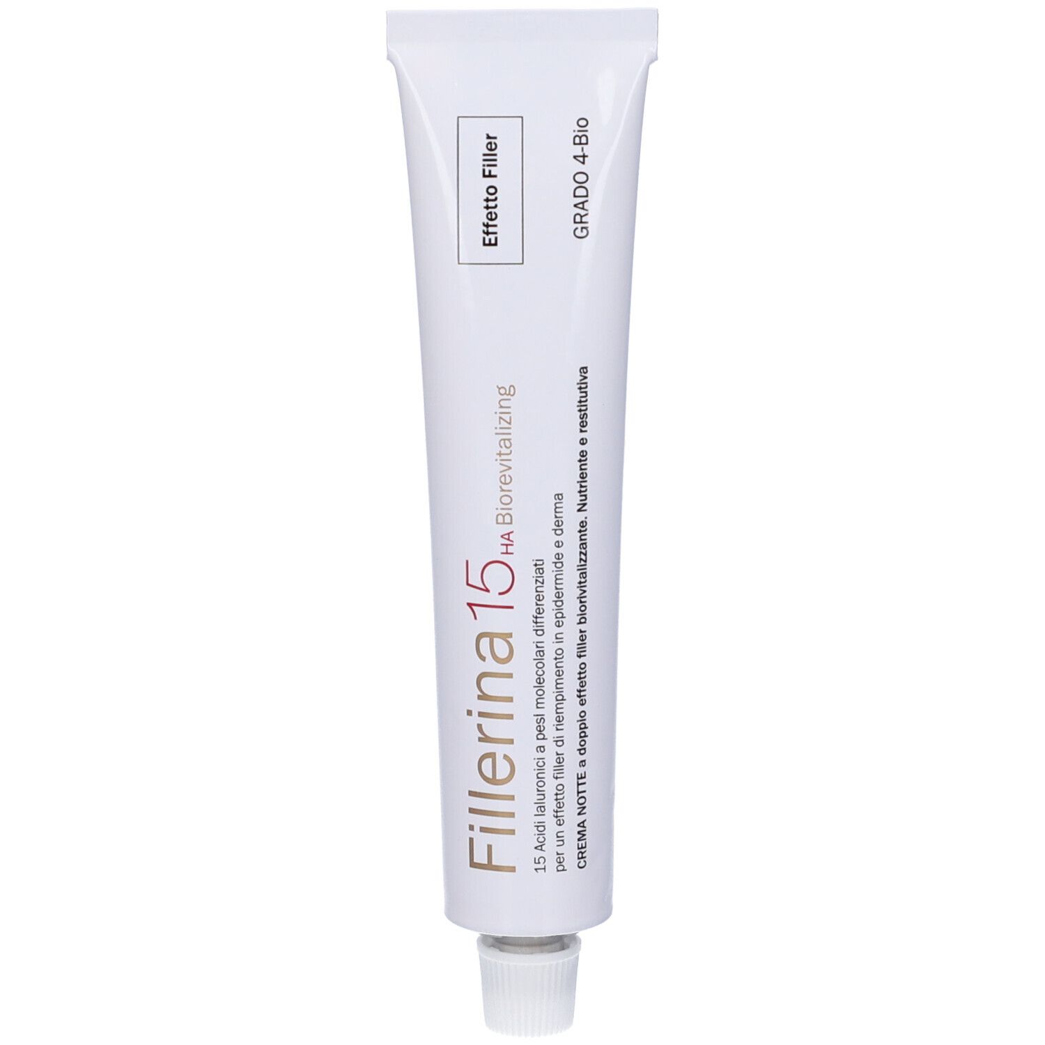 Tubo bianco con scritta Fillerina 15 HA Biorevitalizing. Tappo e chiusura bianchi. GRAD 4-Bio.