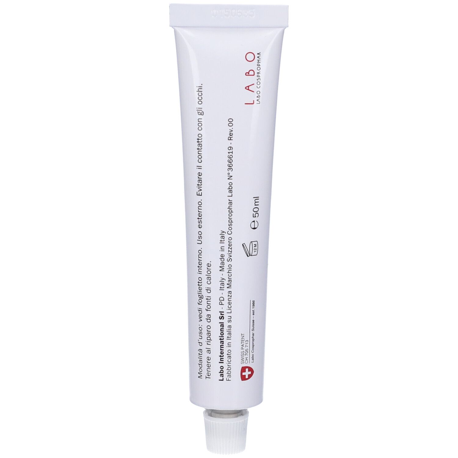 Tubo bianco con scritta LABO. Testo in italiano. Adesivo croce rossa. 50 ml.