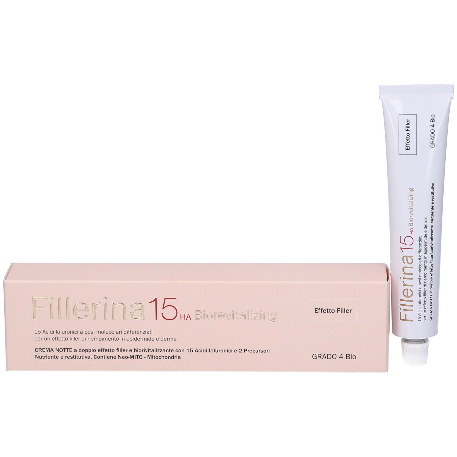 Confezione e tubo del prodotto. Scatola rosa con scritta Fillerina 15 HA Biorevitalizing. Tubo bianco accanto.