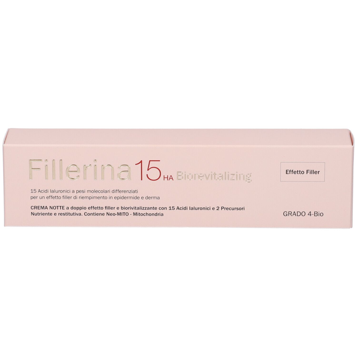 Scatola rosa con scritta Fillerina 15 HA Biorevitalizing. Testo e logo. GRAD 4-Bio.
