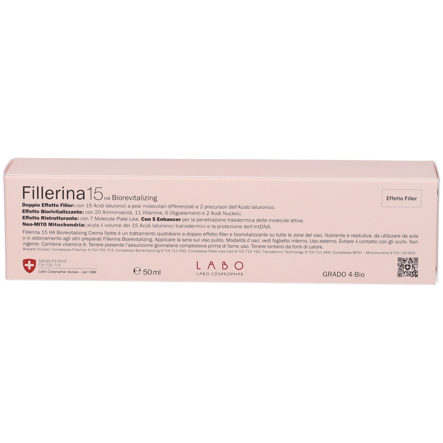 Scatola rosa con testo. Scritta Fillerina 15 HA Biorevitalizing. Logo e GRAD 4-Bio. Croce rossa.