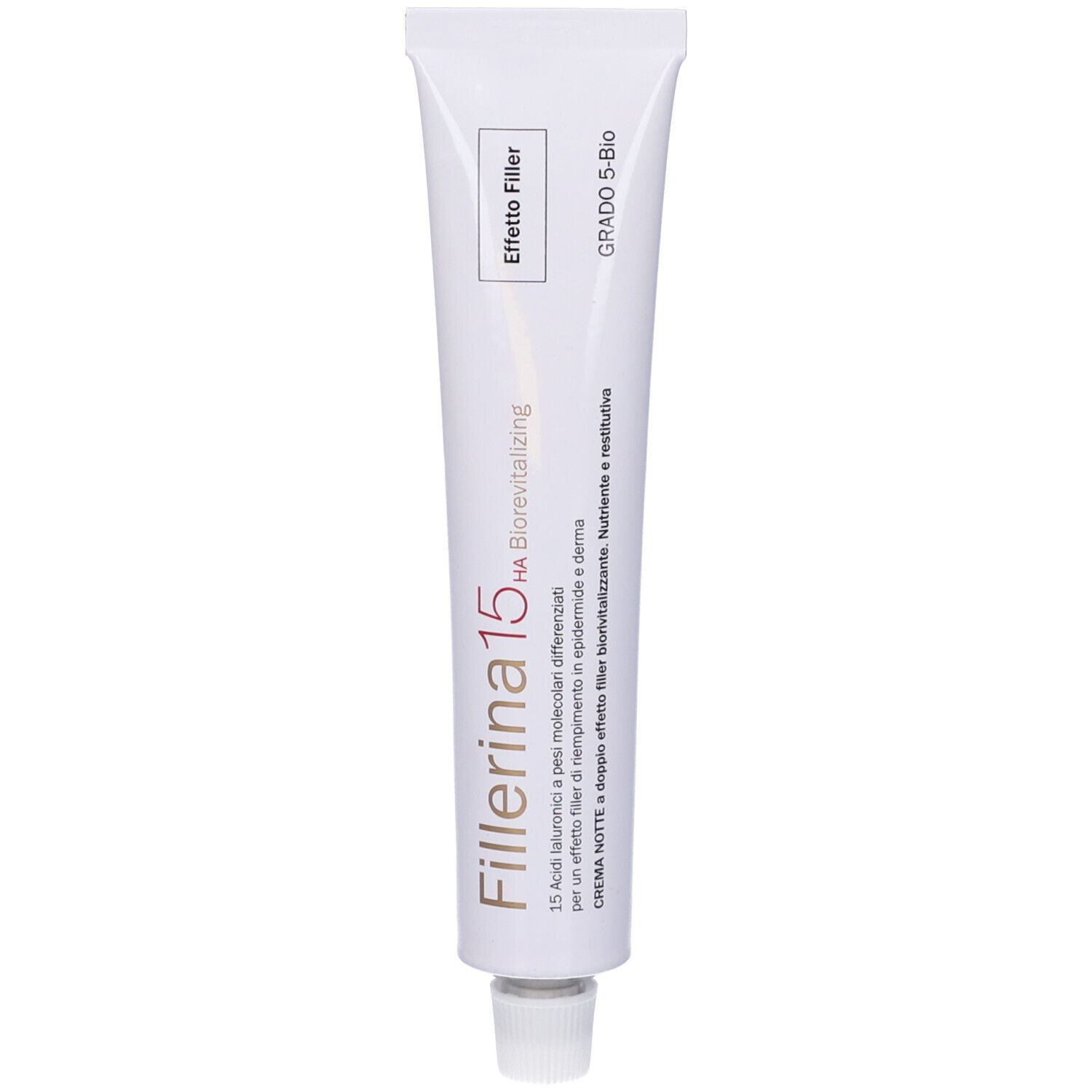 Tubo bianco con scritta Fillerina 15 HA Biorevitalizing. Chiusura grigia. Testo in italiano.