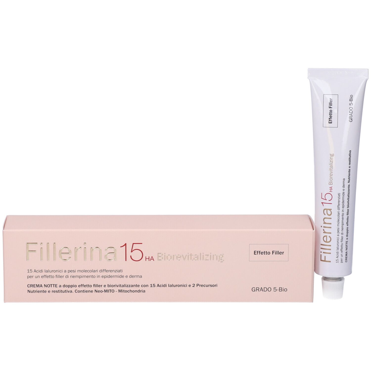 Confezione e tubo del prodotto. Scatola rosa con scritta Fillerina 15 HA Biorevitalizing. Tubo bianco.