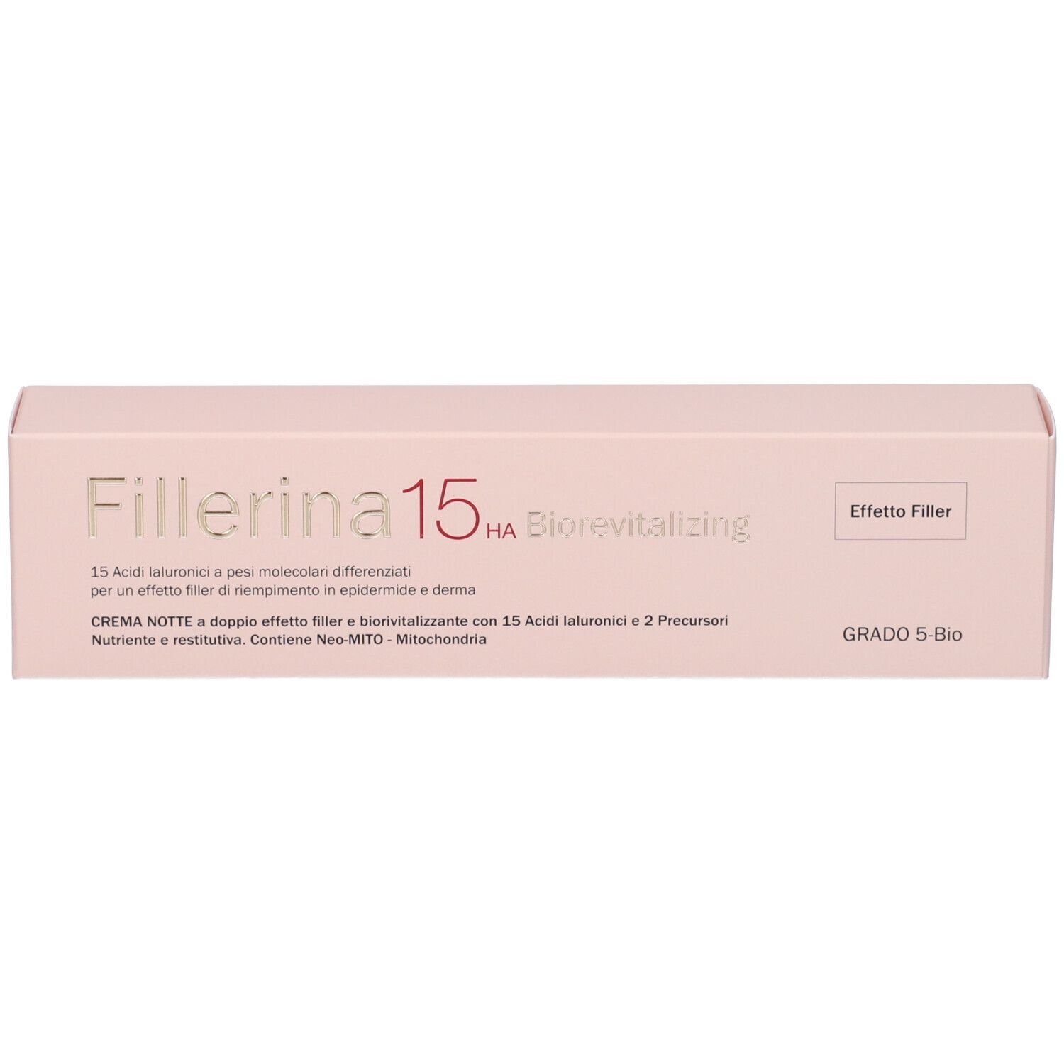 Scatola rosa con scritta Fillerina 15 HA Biorevitalizing. Testo in italiano. Testo grigio.