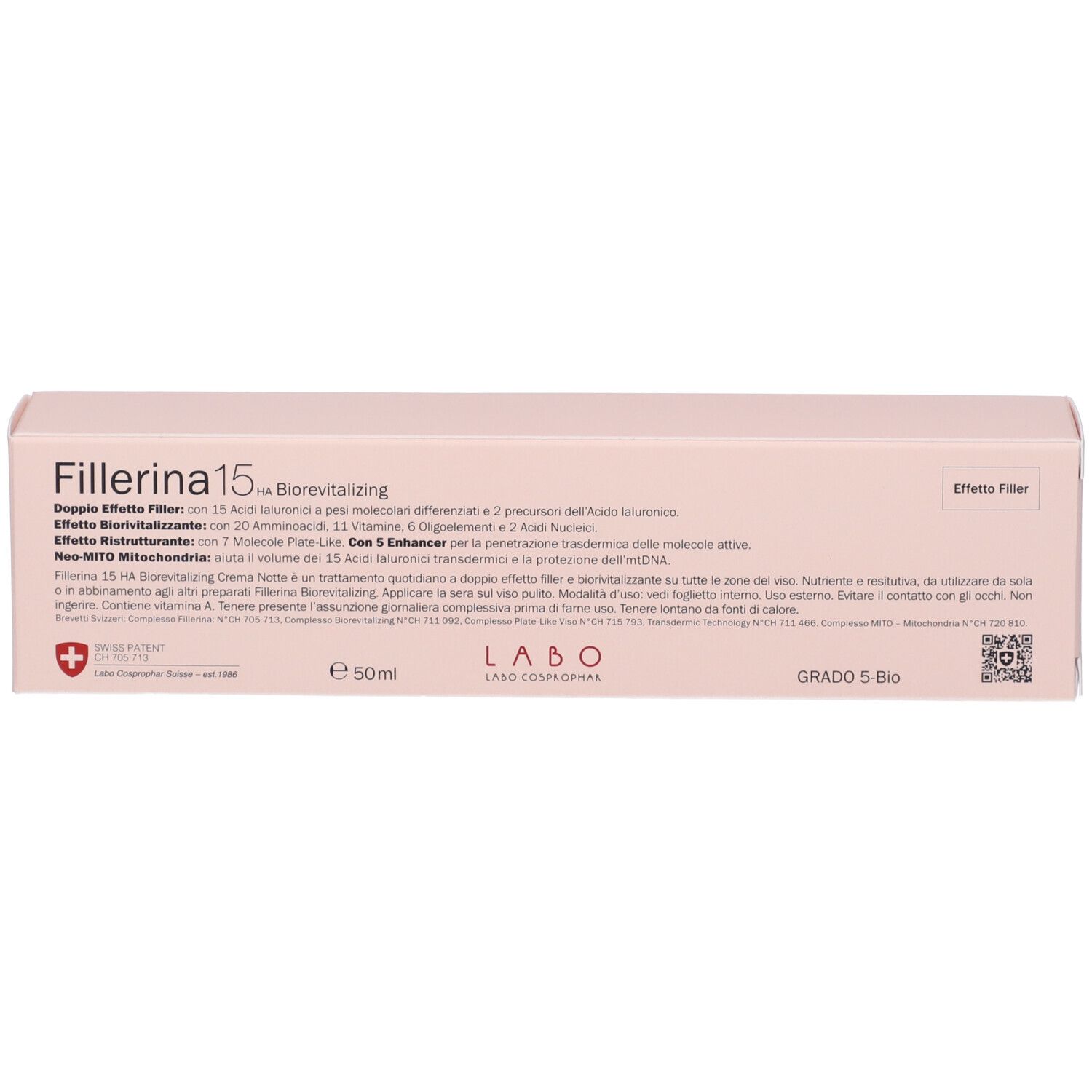 Scatola rosa con scritta Fillerina 15 HA Biorevitalizing. Testo in italiano. Croce svizzera.