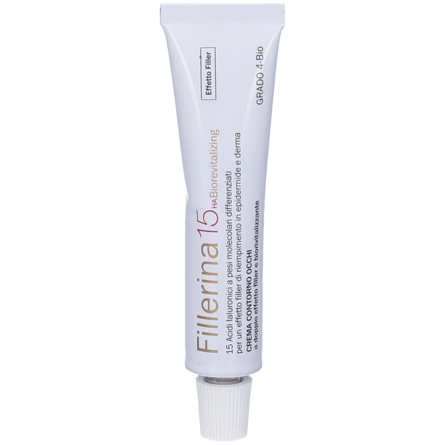 Tubo bianco-argento con tappo bianco. Testo: Fillerina 15 HA Biorevitalizing, Grado 4 Bio.