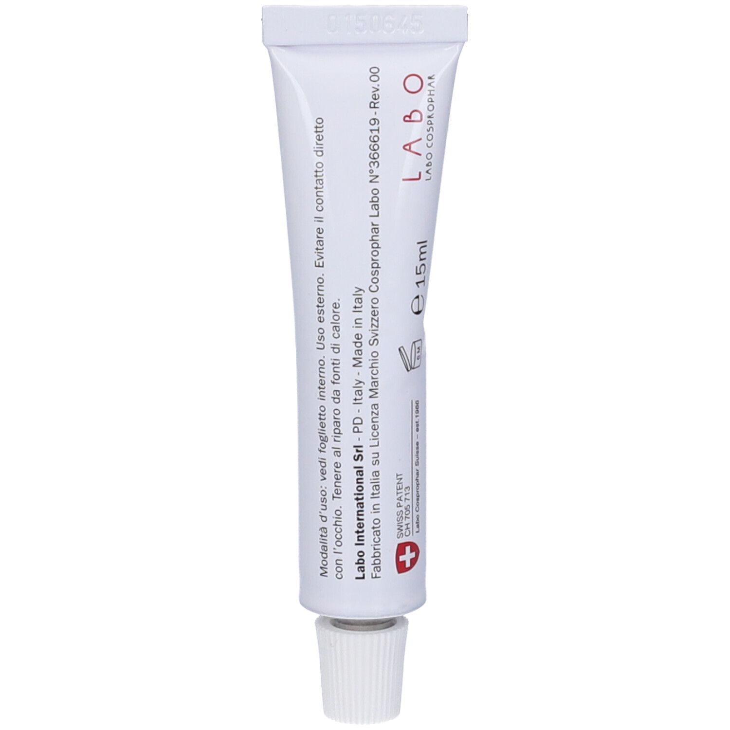 Retro di un tubo bianco con tappo bianco. Testo: Labo, 15ml, Made in Italy.