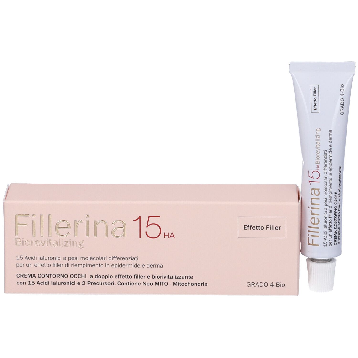 Scatola rosa e tubo. Scatola: Fillerina 15 HA Biorevitalizing. Tubo: bianco, argento, tappo bianco.