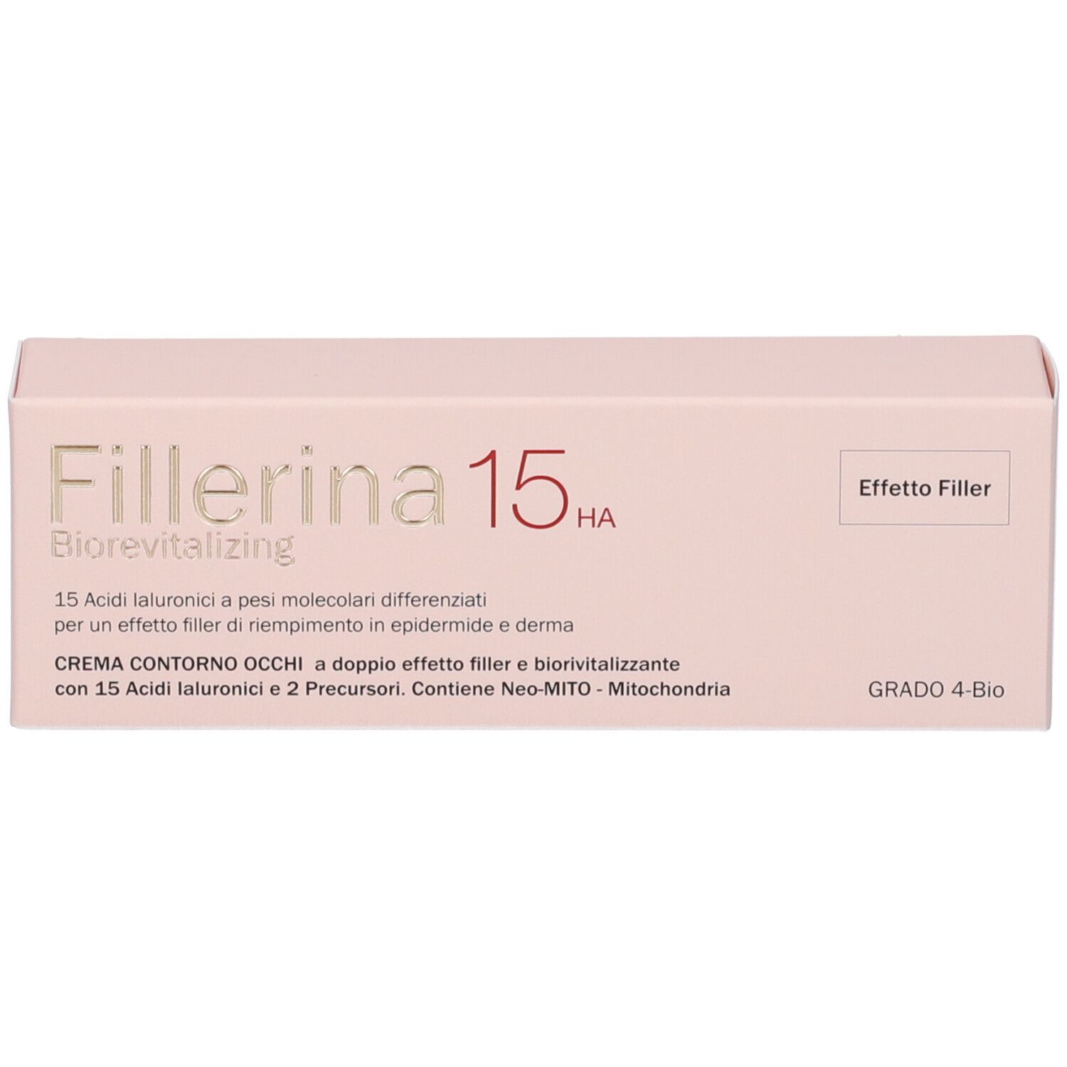 Scatola rosa. Testo: Fillerina 15 HA Biorevitalizing, Grado 4 Bio, Effetto Filler.