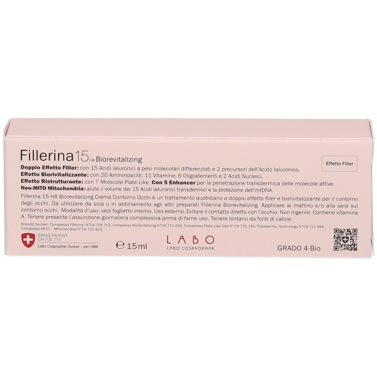 Retro della scatola rosa. Testo: Fillerina 15 HA Biorevitalizing, Grado 4 Bio, 15ml.