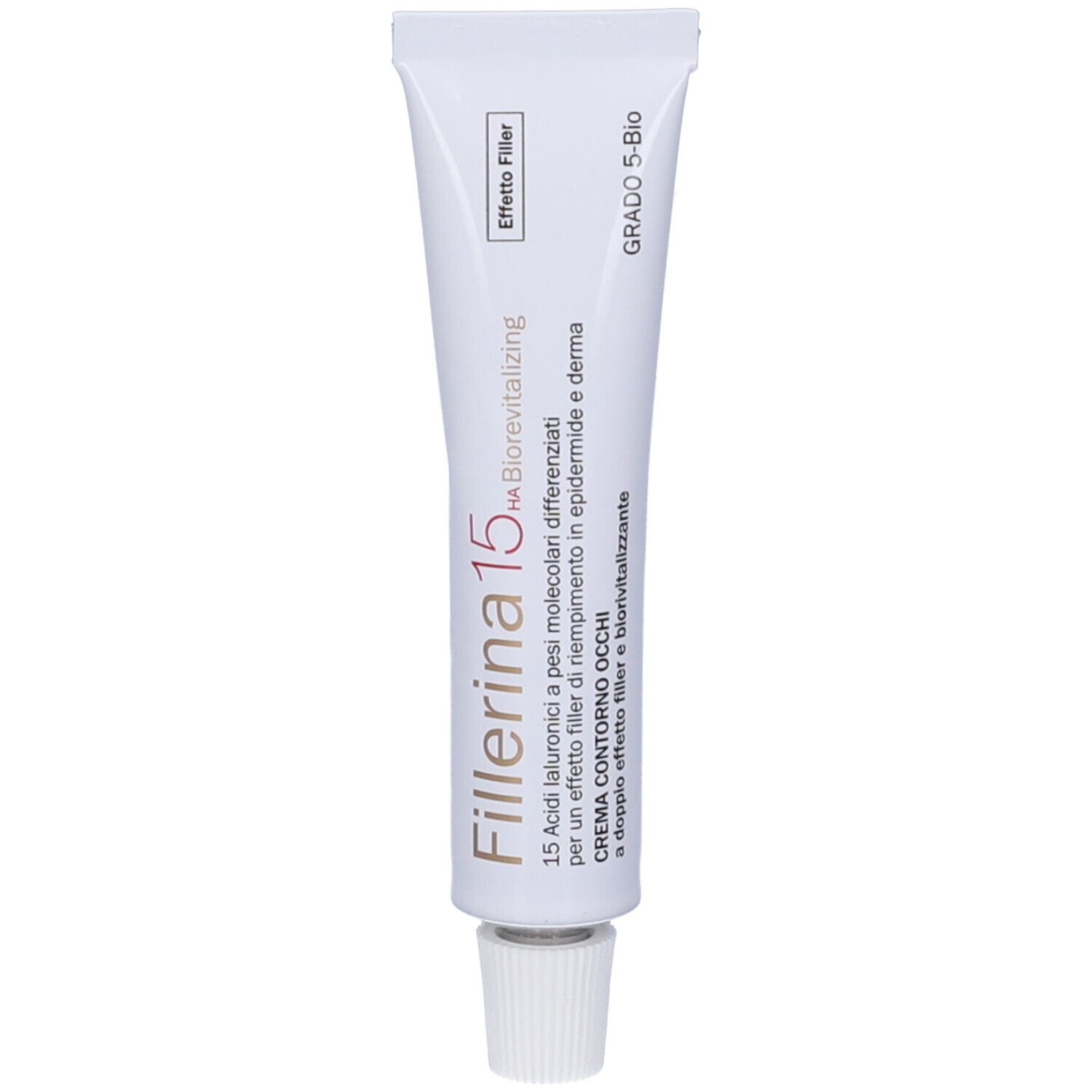 Tubo bianco con scritta Fillerina 15 HA Biorevitalizing. Crema contorno occhi. Grado 5-Bio.