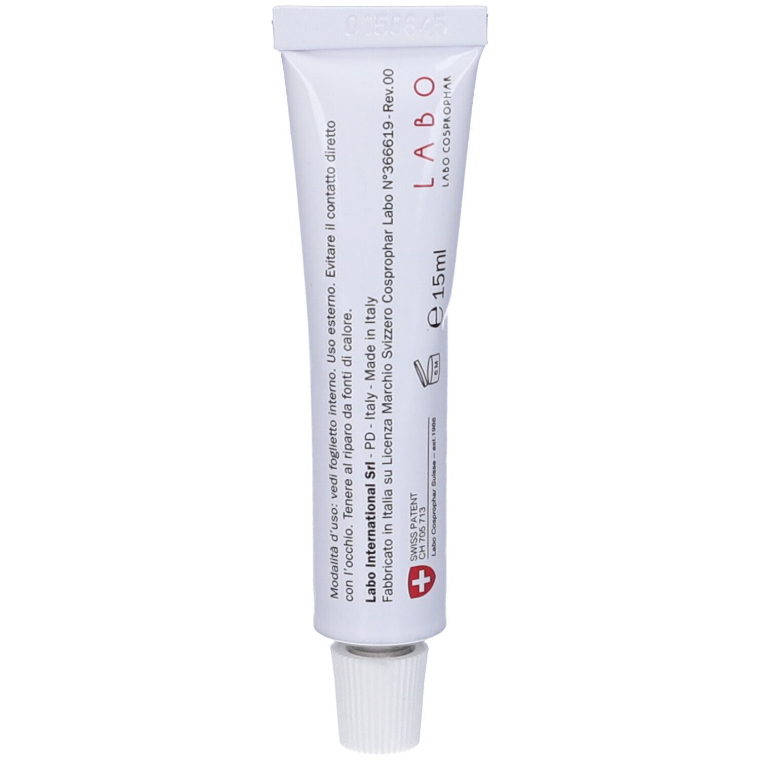 Tubo bianco con stampa. LABO Cosprophar, 15ml. Prodotto in Italia. Contiene informazioni e avvertenze.