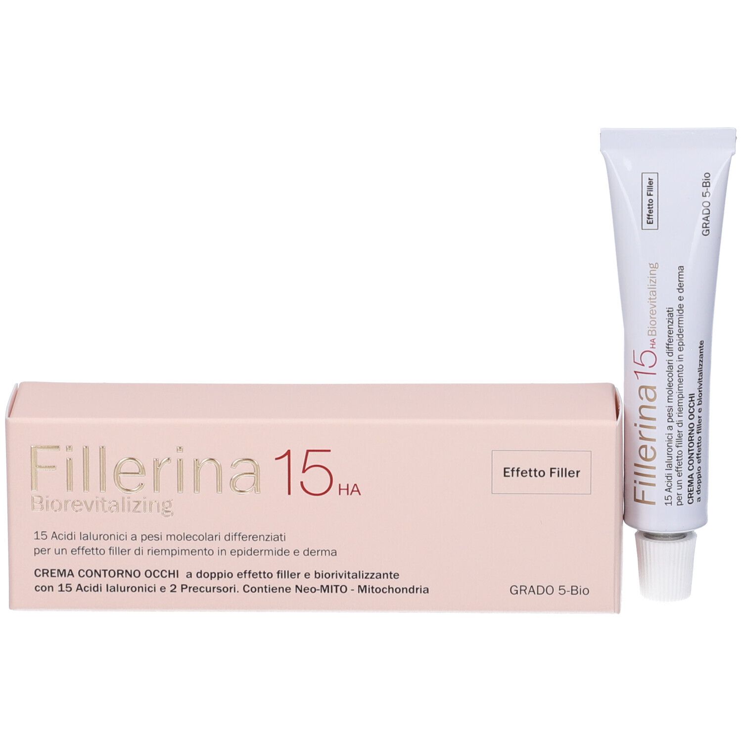Confezione del prodotto con tubo. Scatola rosa con Fillerina 15 HA Biorevitalizing. Crema contorno occhi. Grado 5-Bio.