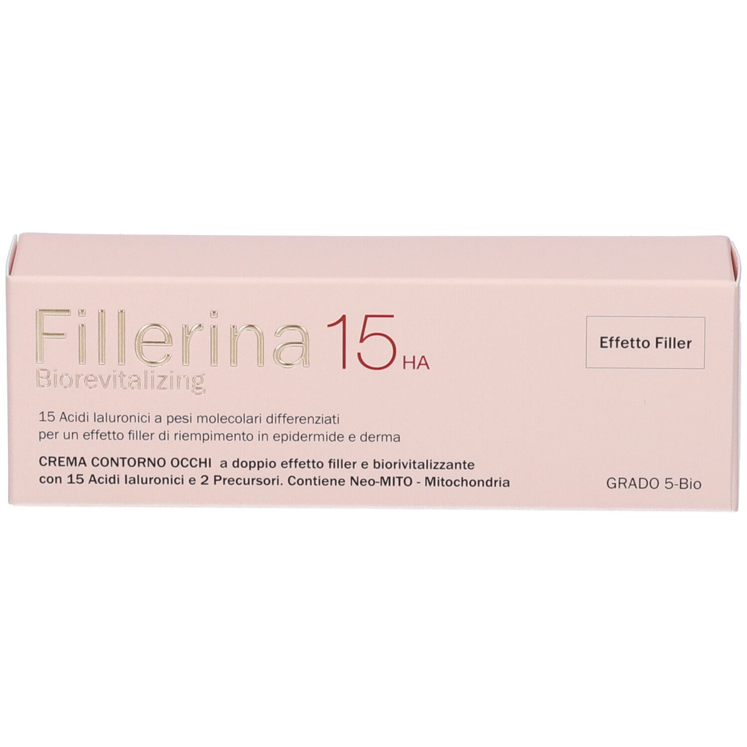 Scatola rosa con scritta Fillerina 15 HA Biorevitalizing. Crema contorno occhi. Grado 5-Bio. Testo.