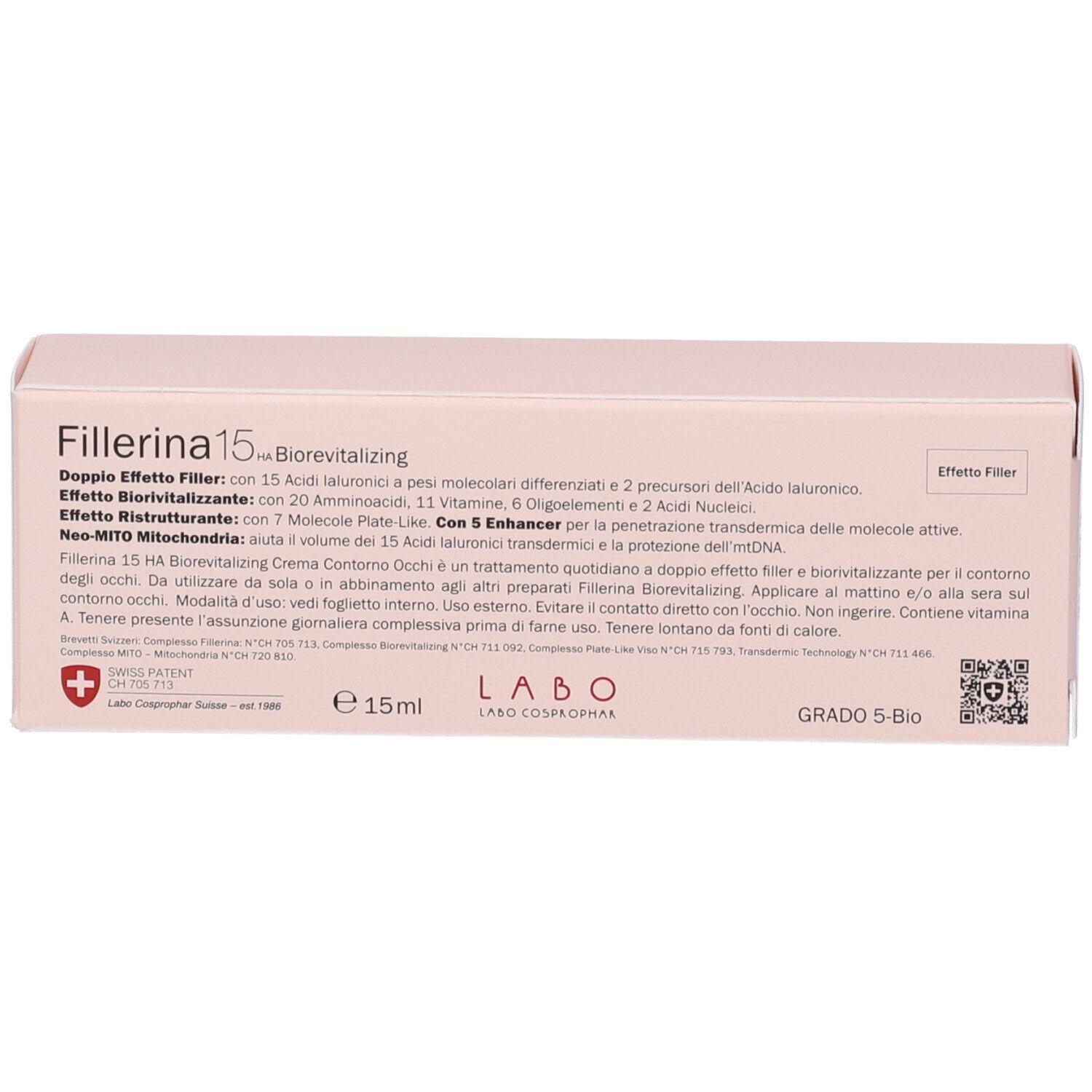 Scatola rosa con testo. Fillerina 15 HA Biorevitalizing. Crema contorno occhi. Grado 5-Bio. Swiss Patent.