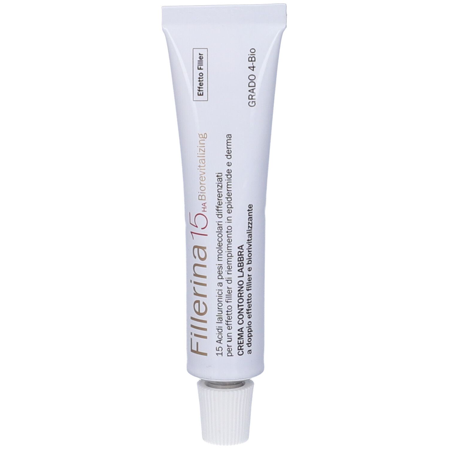 Tubo bianco con tappo a vite. Scritta: Fillerina 15 HA Biorevitalizing, Crema Contorno Labbra.