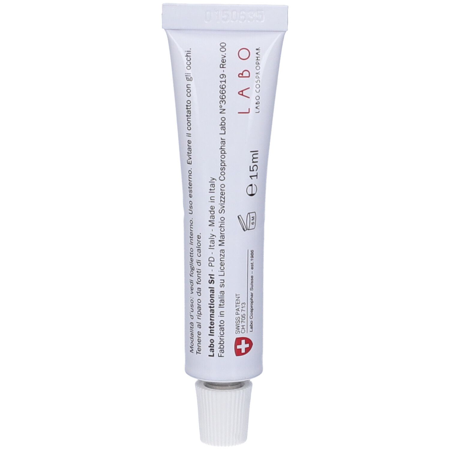 Tubo bianco con tappo a vite. Scritta: LABO, e15ml, Swiss Patent, e altre informazioni testuali.