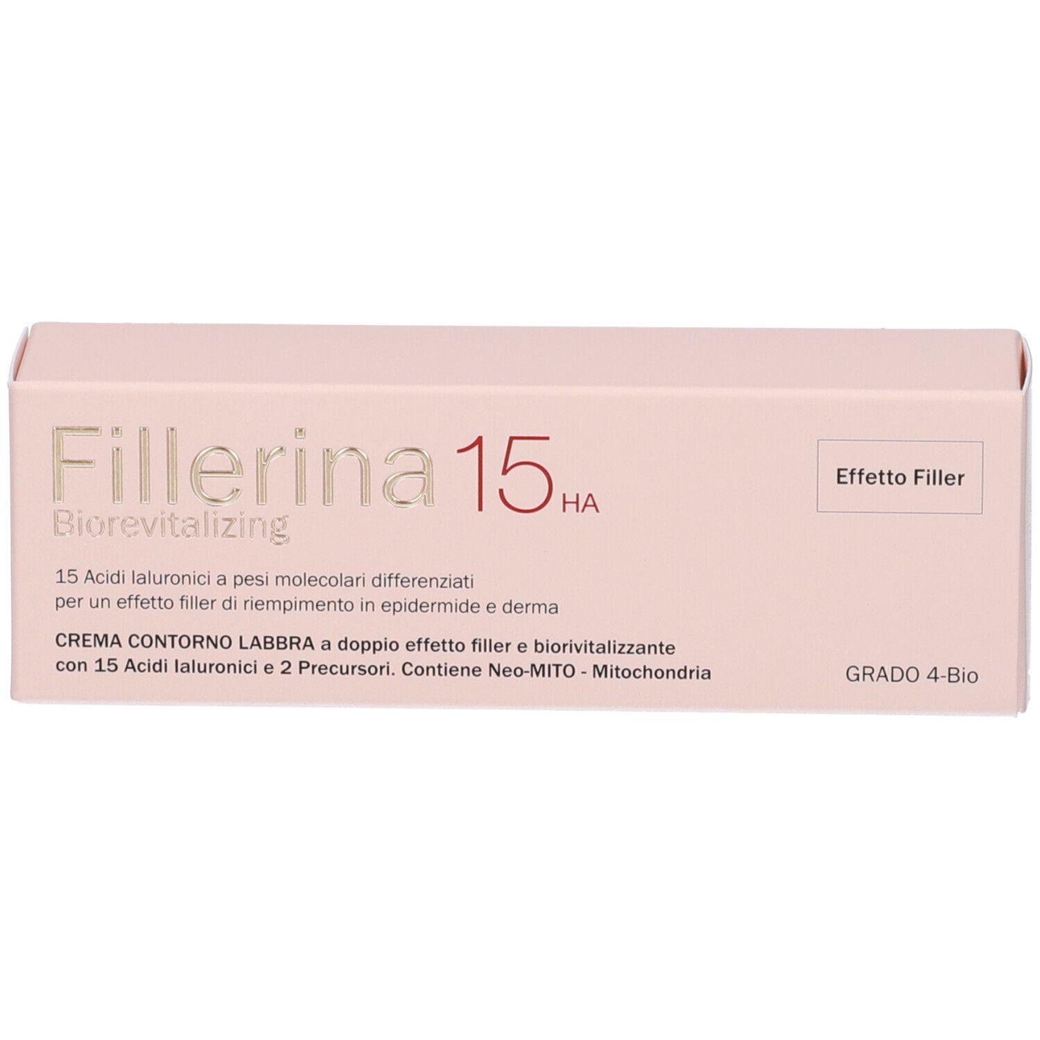 Scatola rosa. Scritta: Fillerina 15 HA Biorevitalizing, Crema Contorno Labbra. Testo e logo.