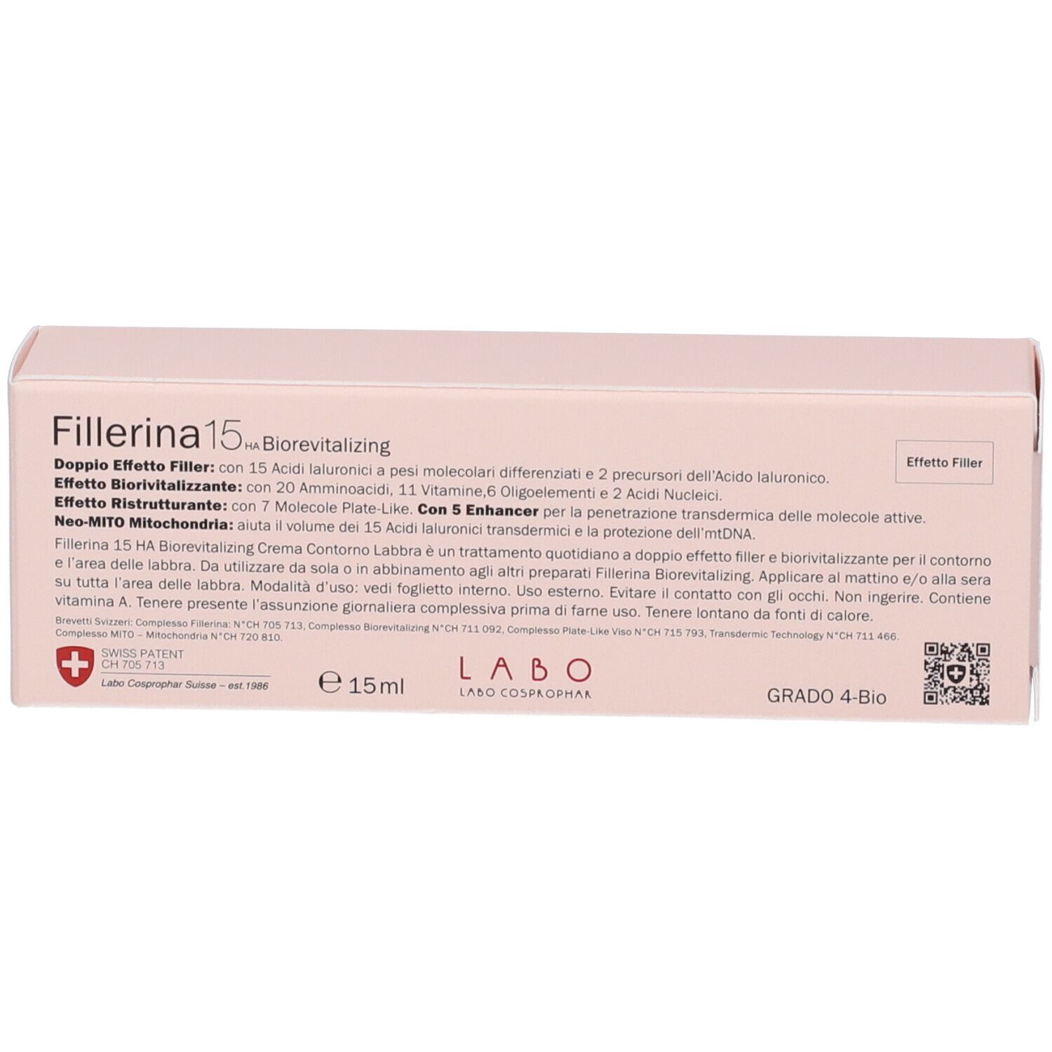 Scatola rosa con testo e logo. Scritta: Fillerina 15 HA Biorevitalizing, Crema Contorno Labbra.