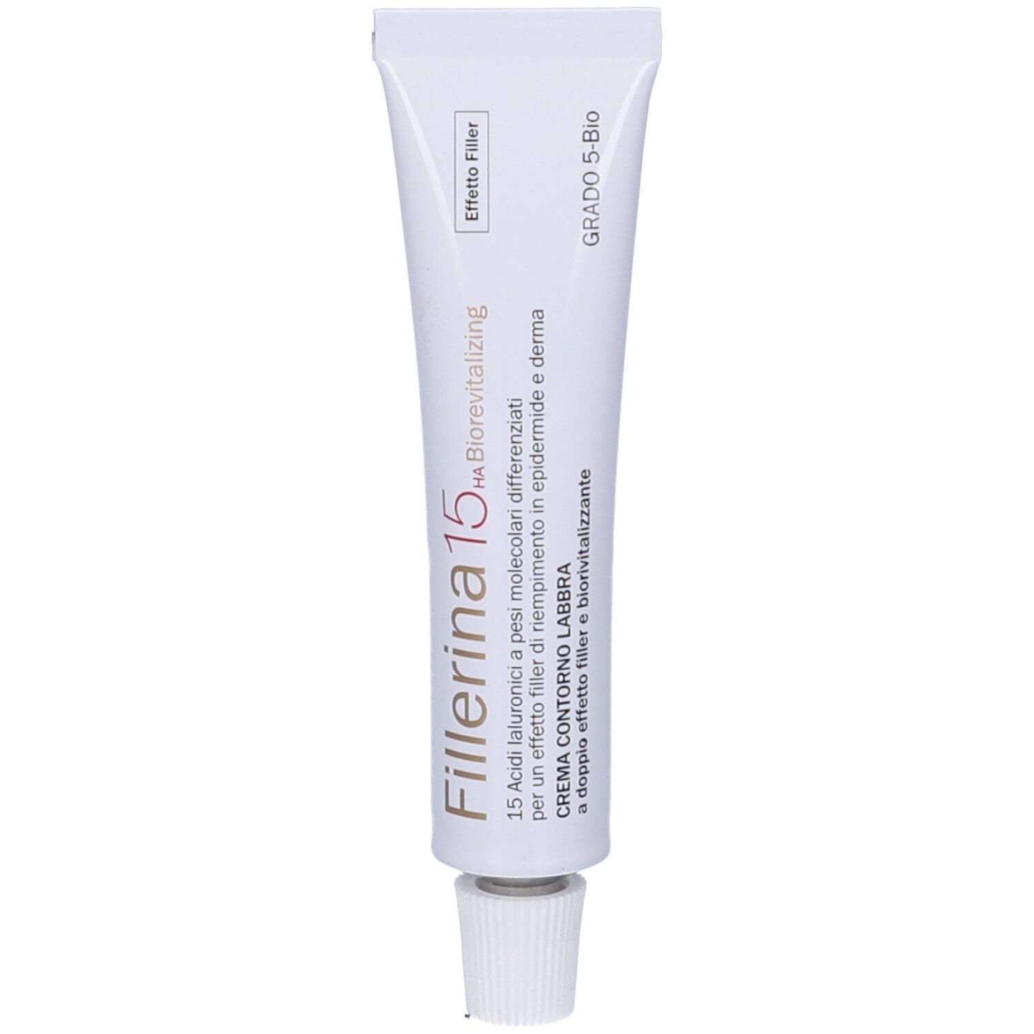 Tubo di crema con tappo bianco. Scritta: Fillerina 15 HA Biorevitalizing, Grado 5 Bio.
