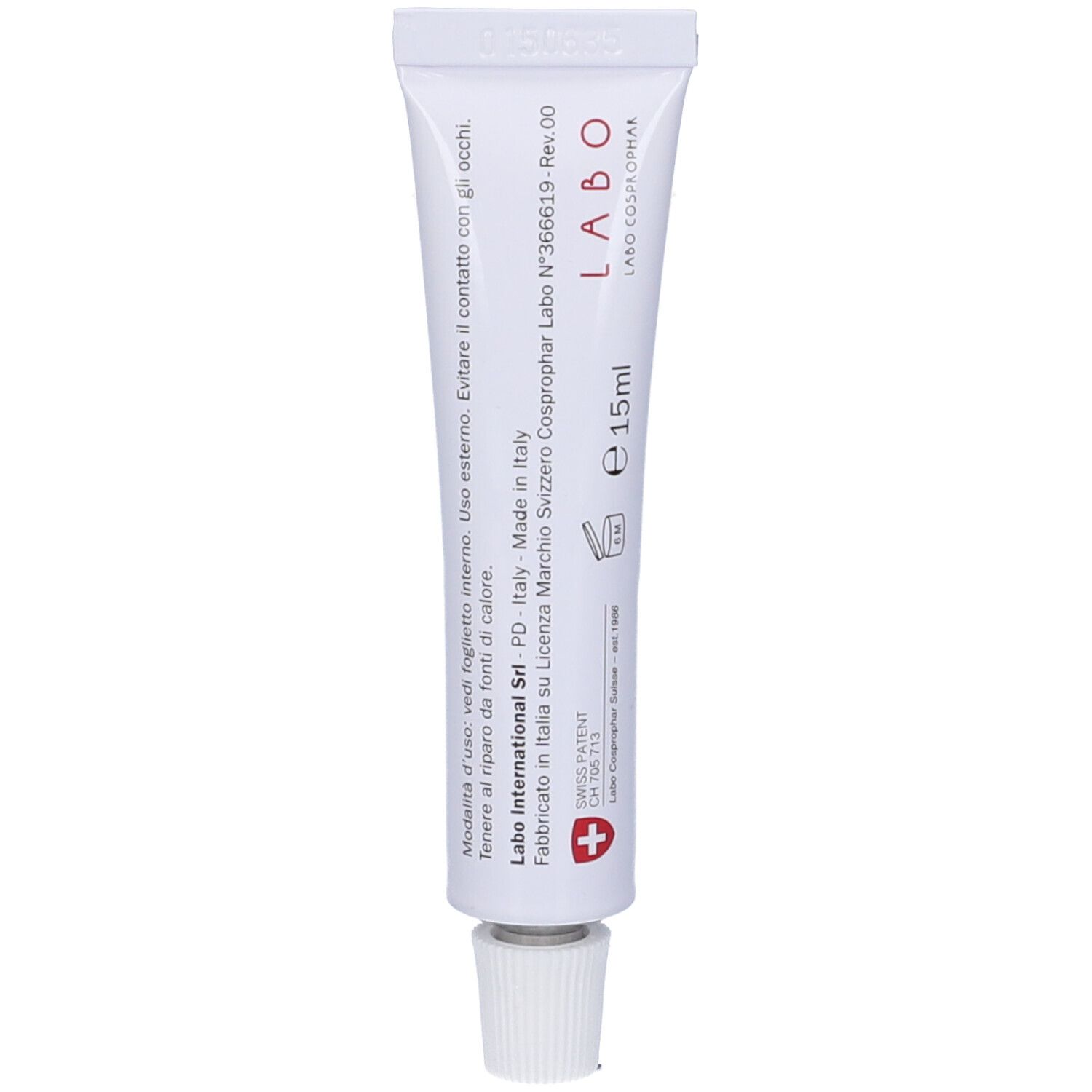Tubo di crema bianco con tappo bianco. Scritta: Labo, 15ml, Swiss Patent, Made in Italy.
