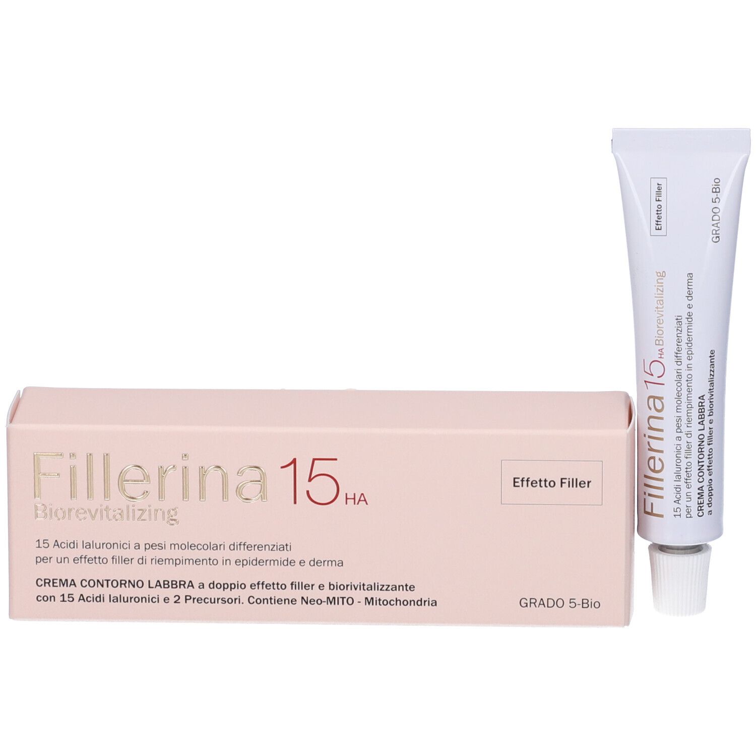 Confezione del prodotto e tubo di crema. Scritta: Fillerina 15 HA Biorevitalizing, Grado 5 Bio.