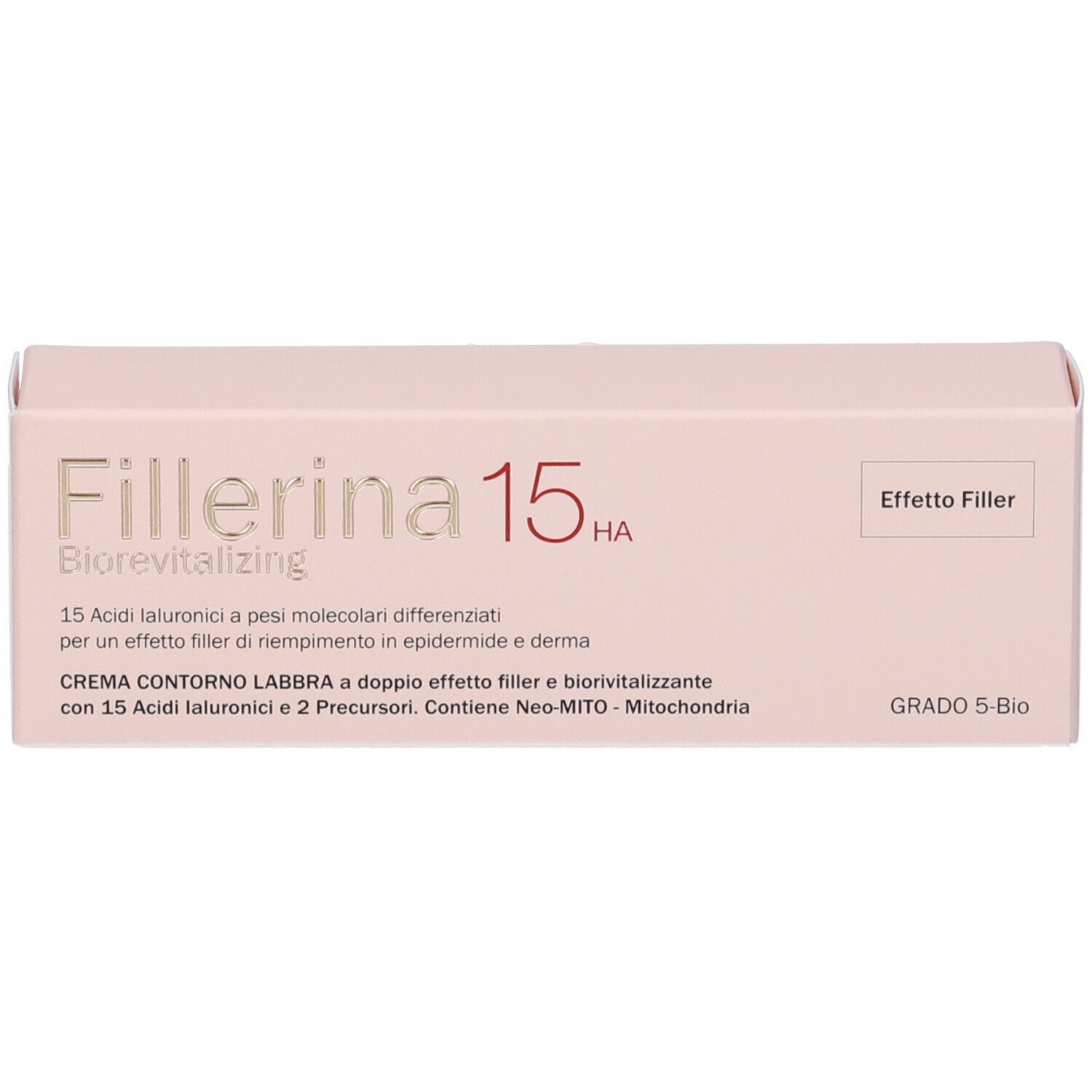 Confezione del prodotto, rosa. Scritta: Fillerina 15 HA Biorevitalizing, Grado 5 Bio.