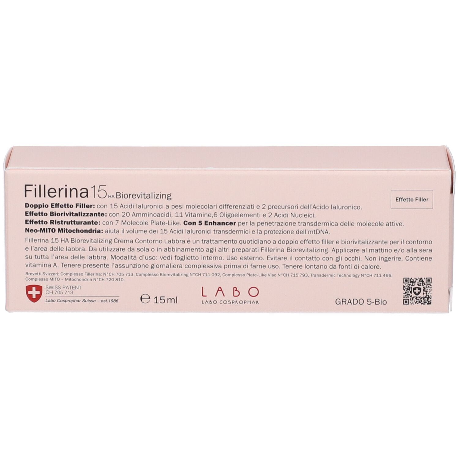 Confezione del prodotto, rosa. Scritta: Fillerina 15 HA Biorevitalizing, Grado 5 Bio, 15ml.