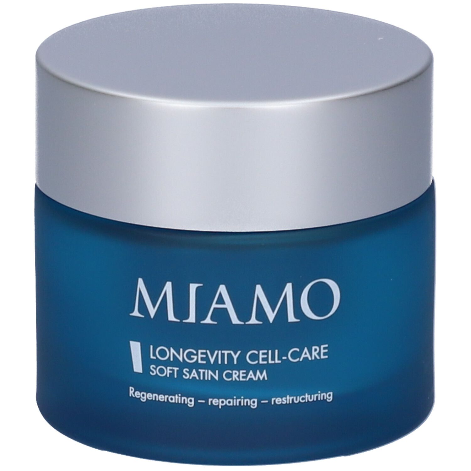 Vaso blu con coperchio argentato. Scritta: MIAMO, Longevity Cell-Care Soft Satin Cream.