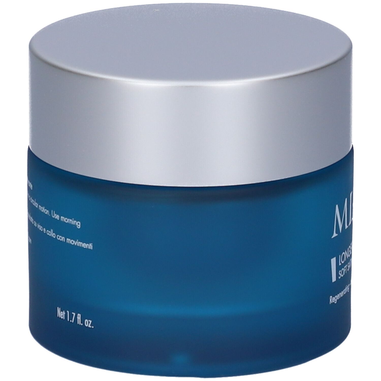 Vaso blu con coperchio argentato. Scritta: MIAMO, Longevity Cell-Care Soft Satin Cream.