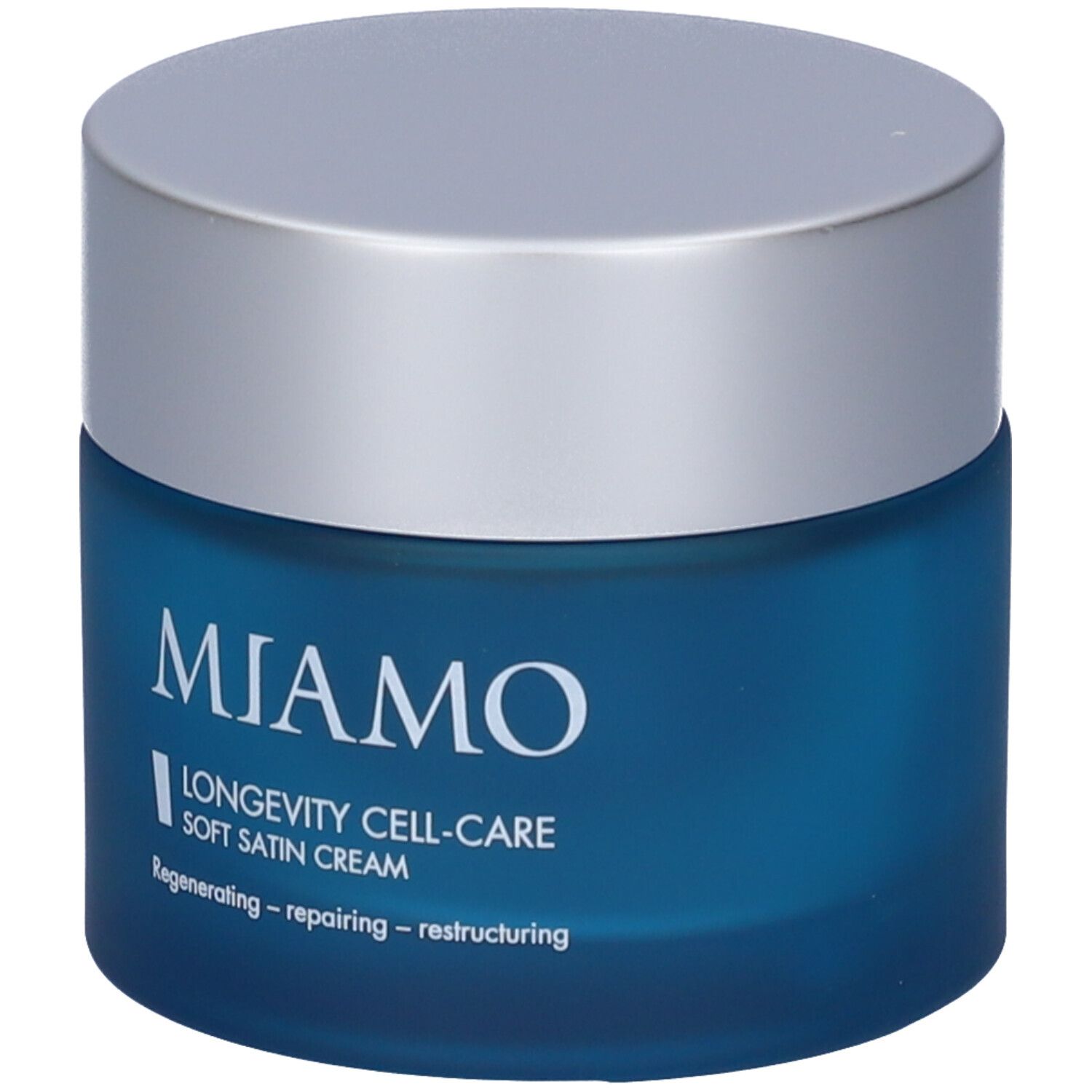 Vaso blu con coperchio argentato. Scritta: MIAMO, Longevity Cell-Care Soft Satin Cream.